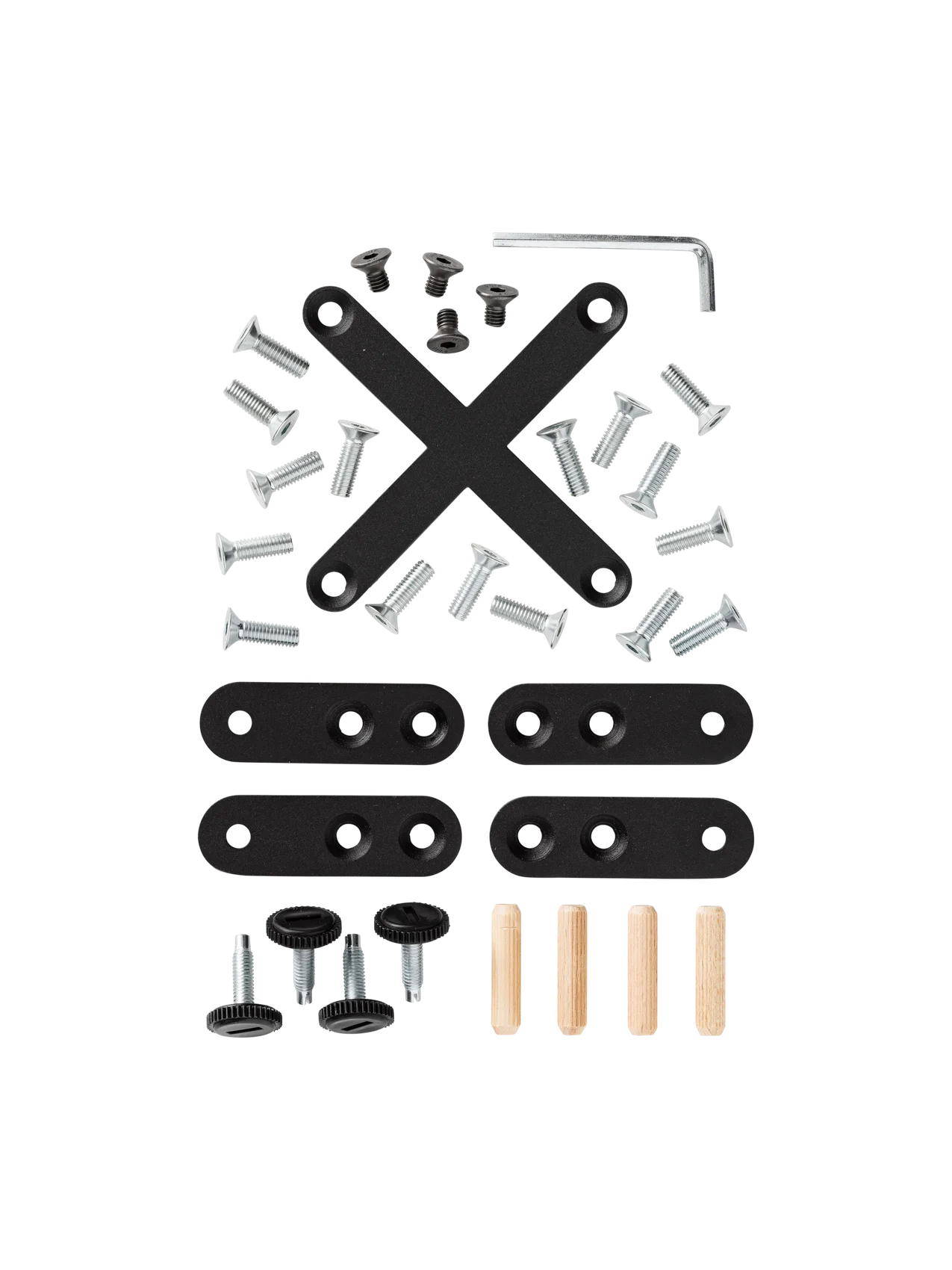 Circular Androgyne Dining Mount Kit featuring black metal brackets, silver screws, wooden dowels and an Allen key.