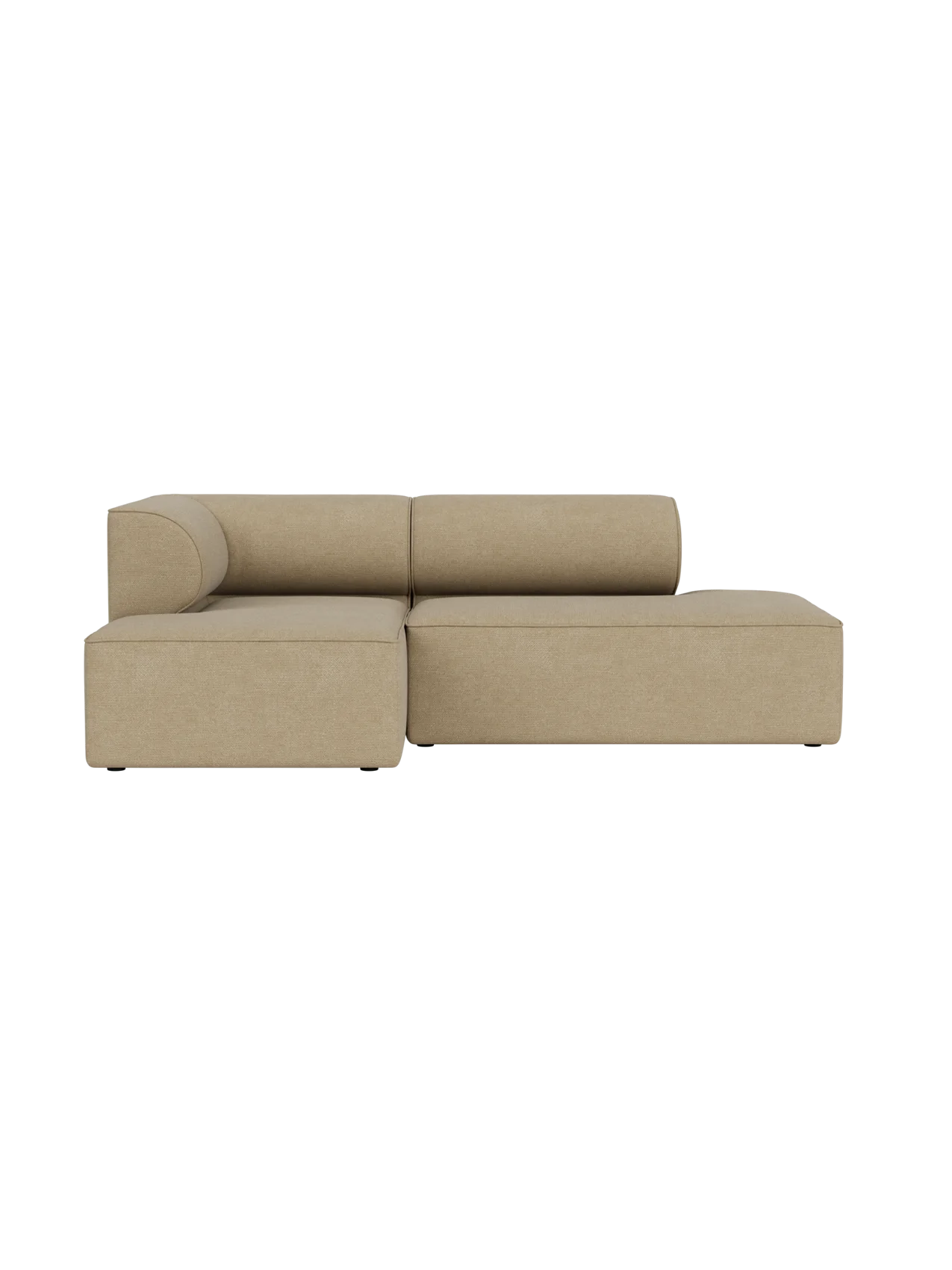A light beige Eave Modular Sofa, 86, 2.5-seater, in Audo Bouclé 02, shown from the front against a black background.