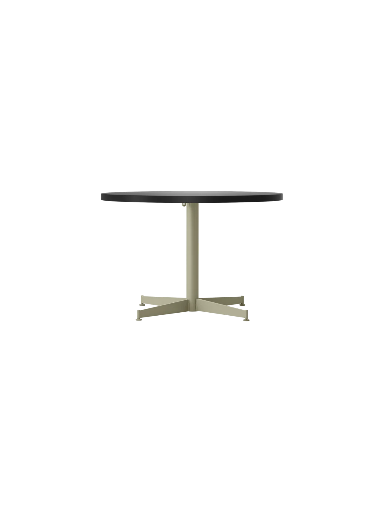 Front view of the Nook Lounge Table with a charcoal linoleum top and a four-star pedestal base in an olive finish.