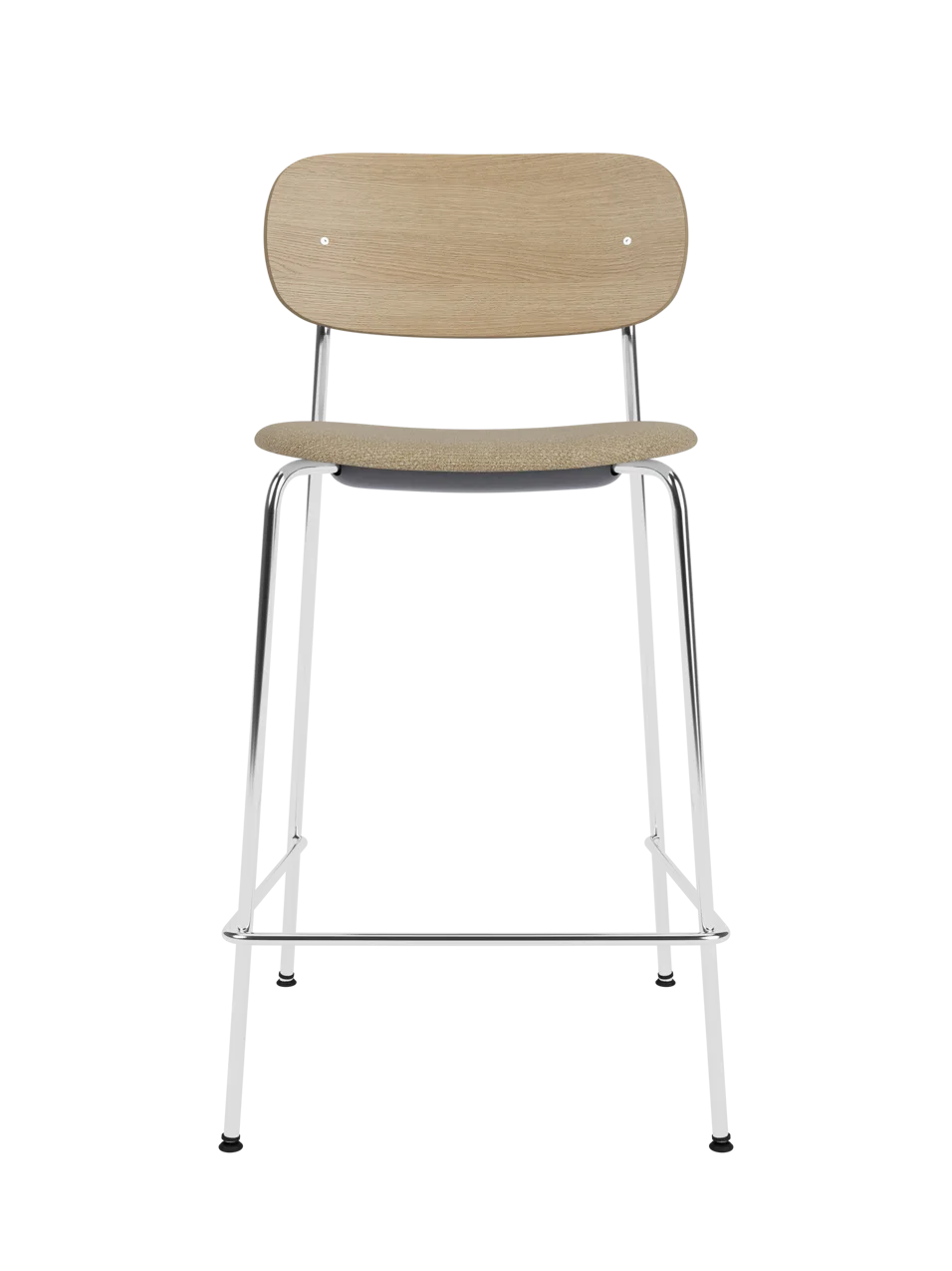Co Counter Chair in natural oak with a chrome frame and bouclé upholstered seat.