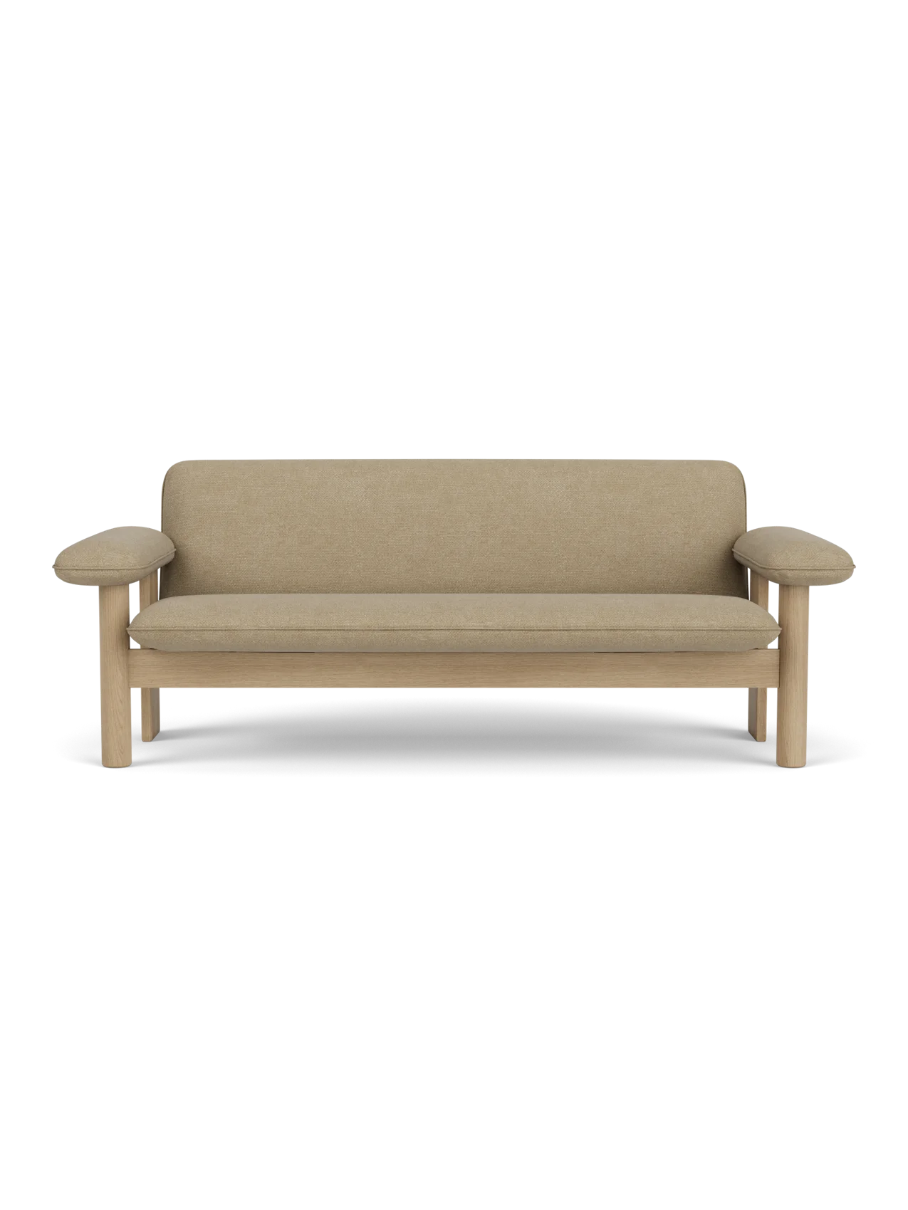 A front-on view of the two-seater Brasilia Sofa, featuring a natural oak frame and upholstered in light beige Audo Bouclé 02.