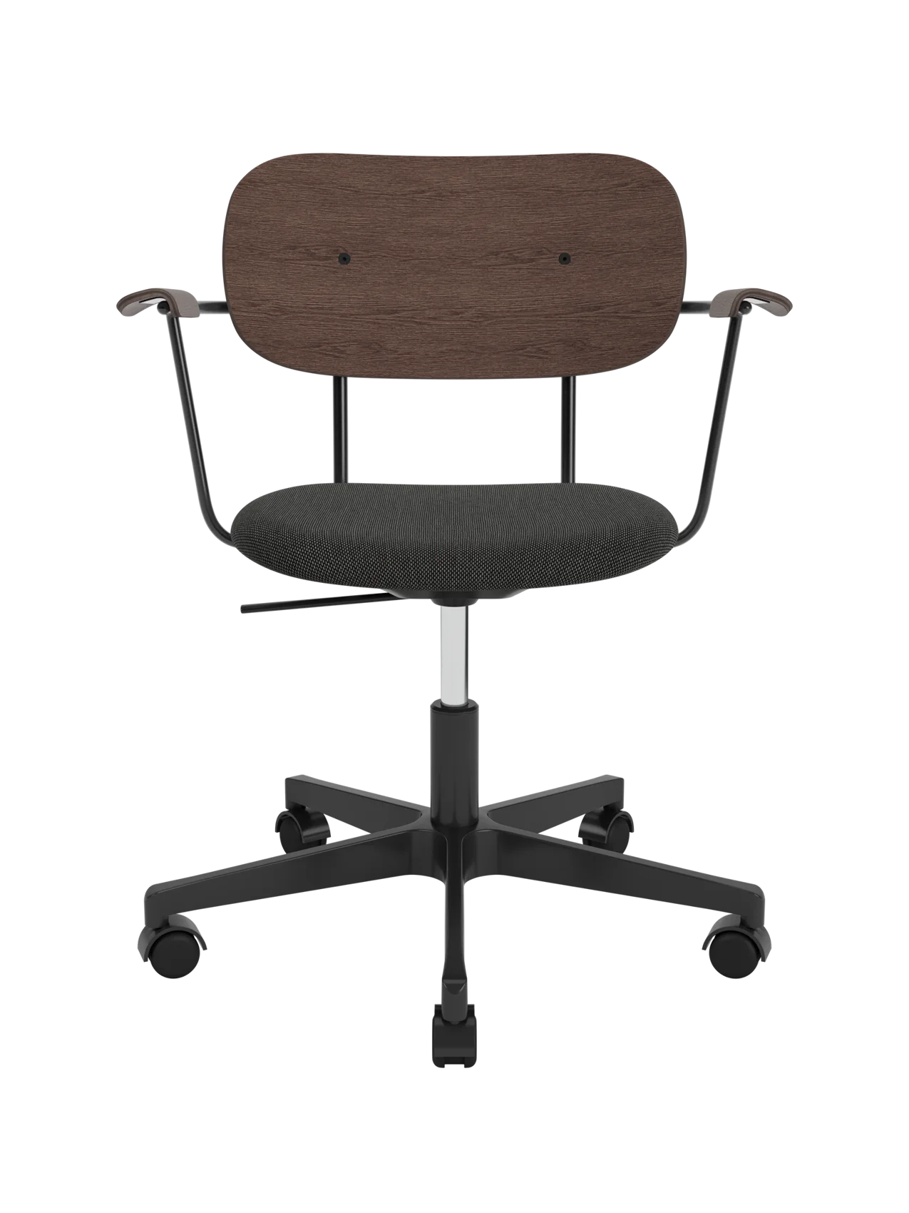 Co Task Chair with dark stained oak backrest, grey Re-wool upholstered seat and black five-star swivel base with castors.