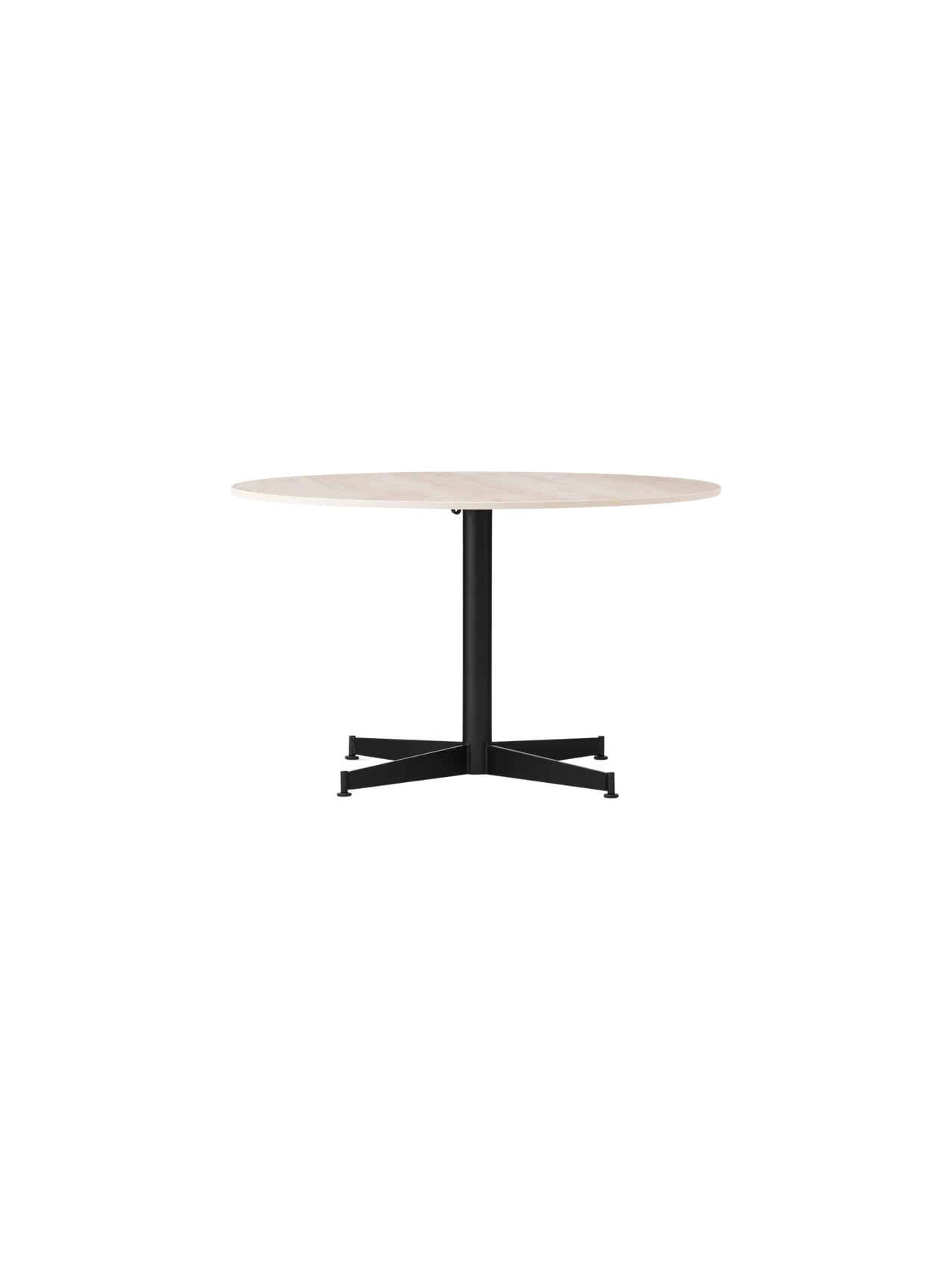 Front view of the Nook Lounge Table with a round Estremoz Marble top and a black powder-coated four-star base.