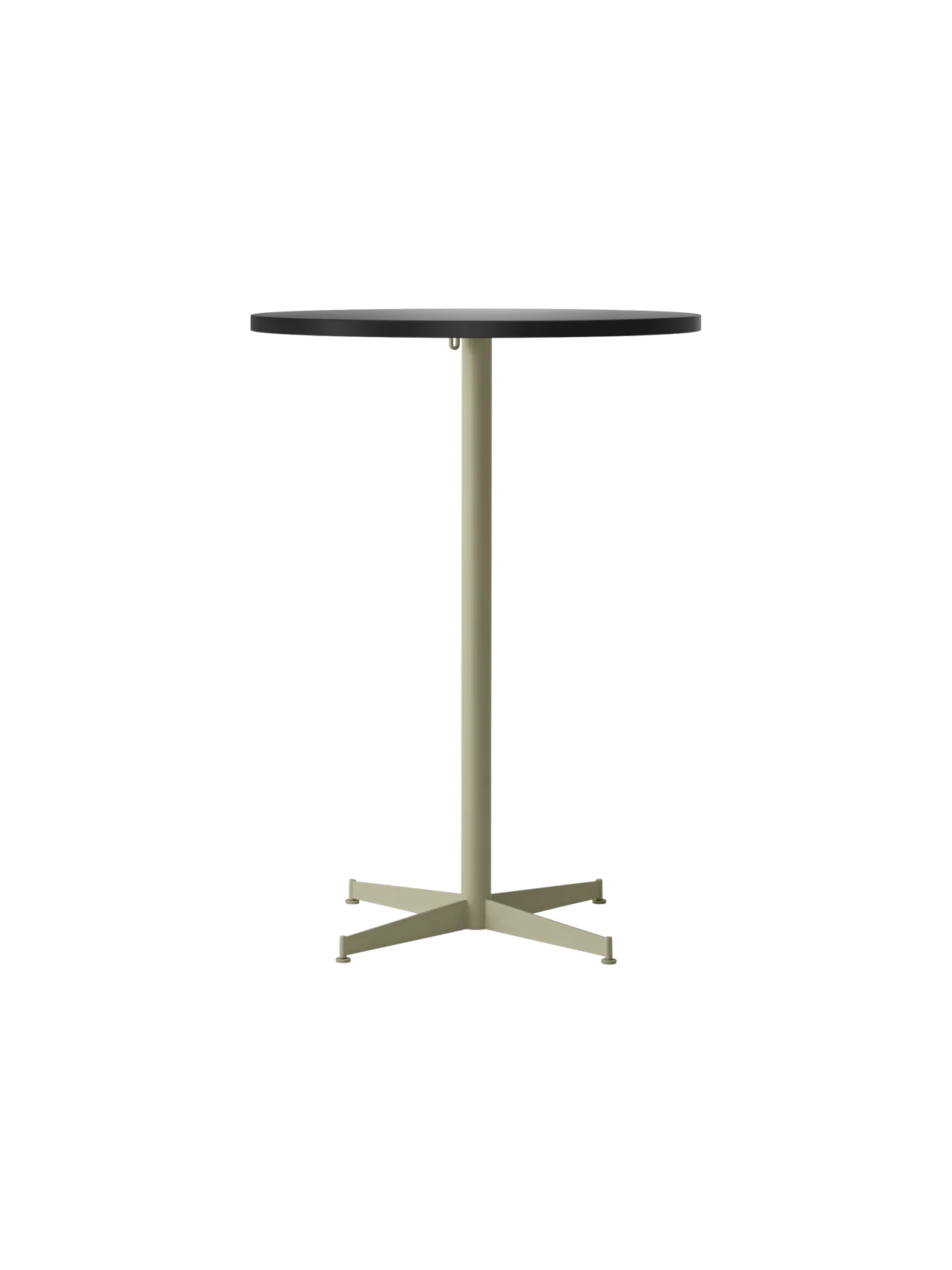 Front view of the Nook Bar Table with a round charcoal linoleum top and a slender ivory powder-coated steel pedestal base.