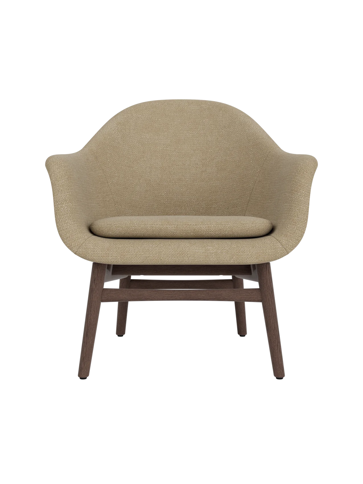Harbour Lounge Chair with beige Audo Bouclé 02 upholstery and a dark stained oak frame against a white background.