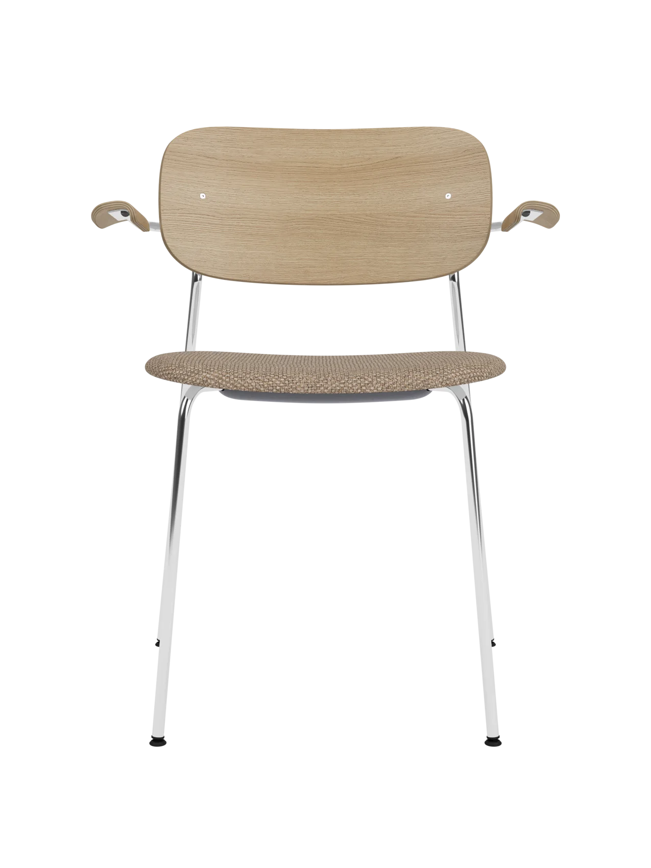 Co Dining Chair with armrests, featuring a chrome frame, natural oak back and Logan Flint upholstered seat.