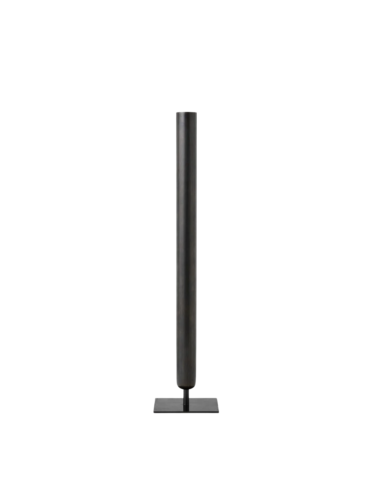 A front view of the Stance Vase in bronzed brass. The tall, slender vase is cylindrical and stands on a flat square base.