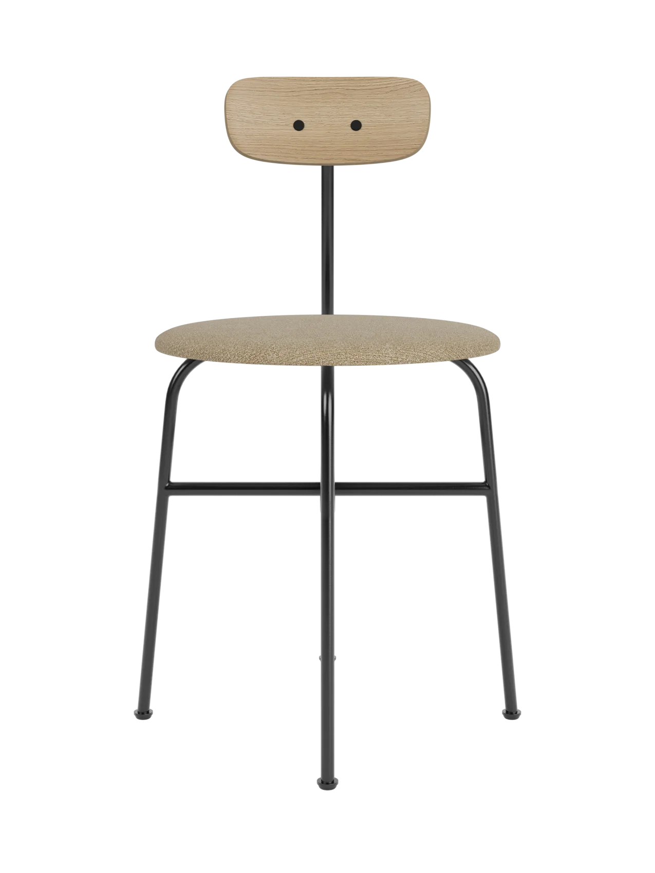 Afteroom Dining Chair featuring a natural oak backrest and a beige bouclé seat on a black tubular steel frame.