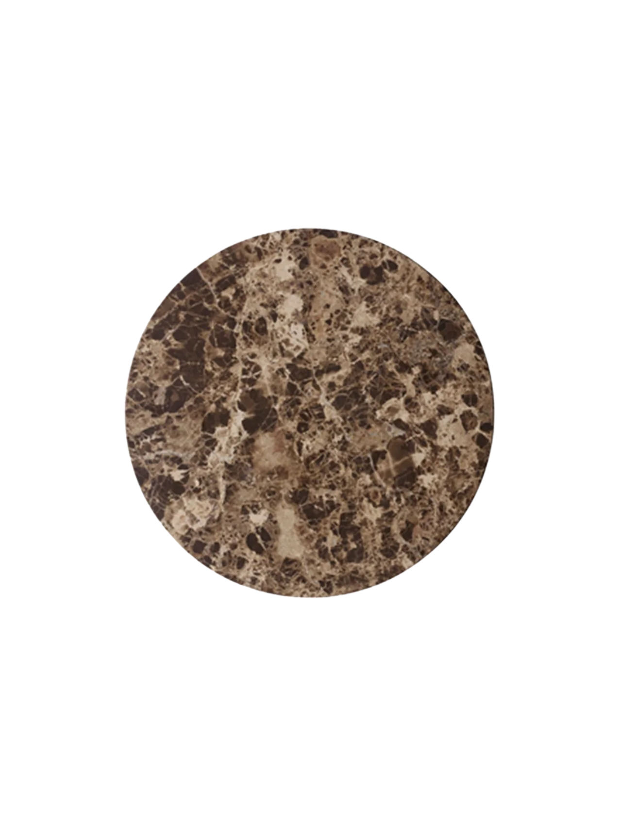 Overhead view of the circular Androgyne Side Tabletop in Emperador marble, showing its brown tones and intricate veining.