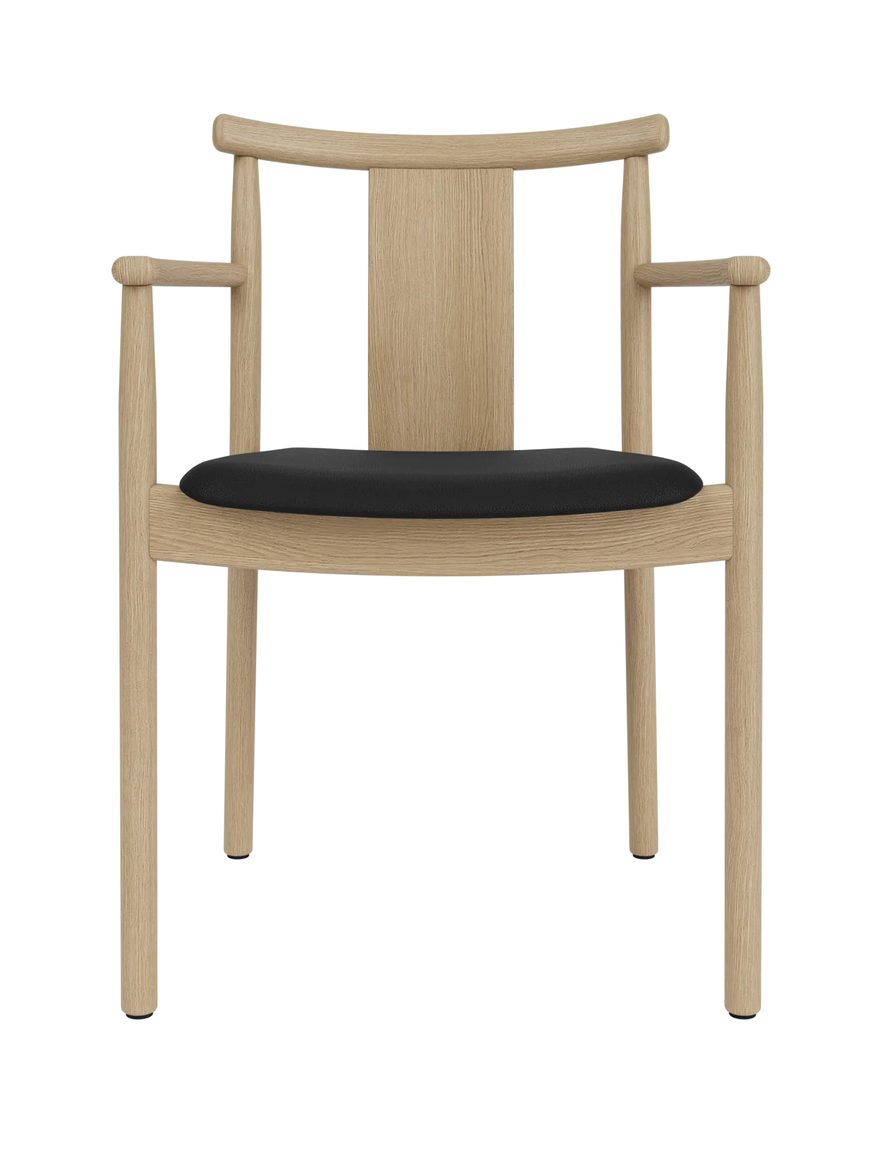 Merkur Dining Chair with Armrests in natural oak and black Sierra leather upholstery, shown from a front-facing angle.