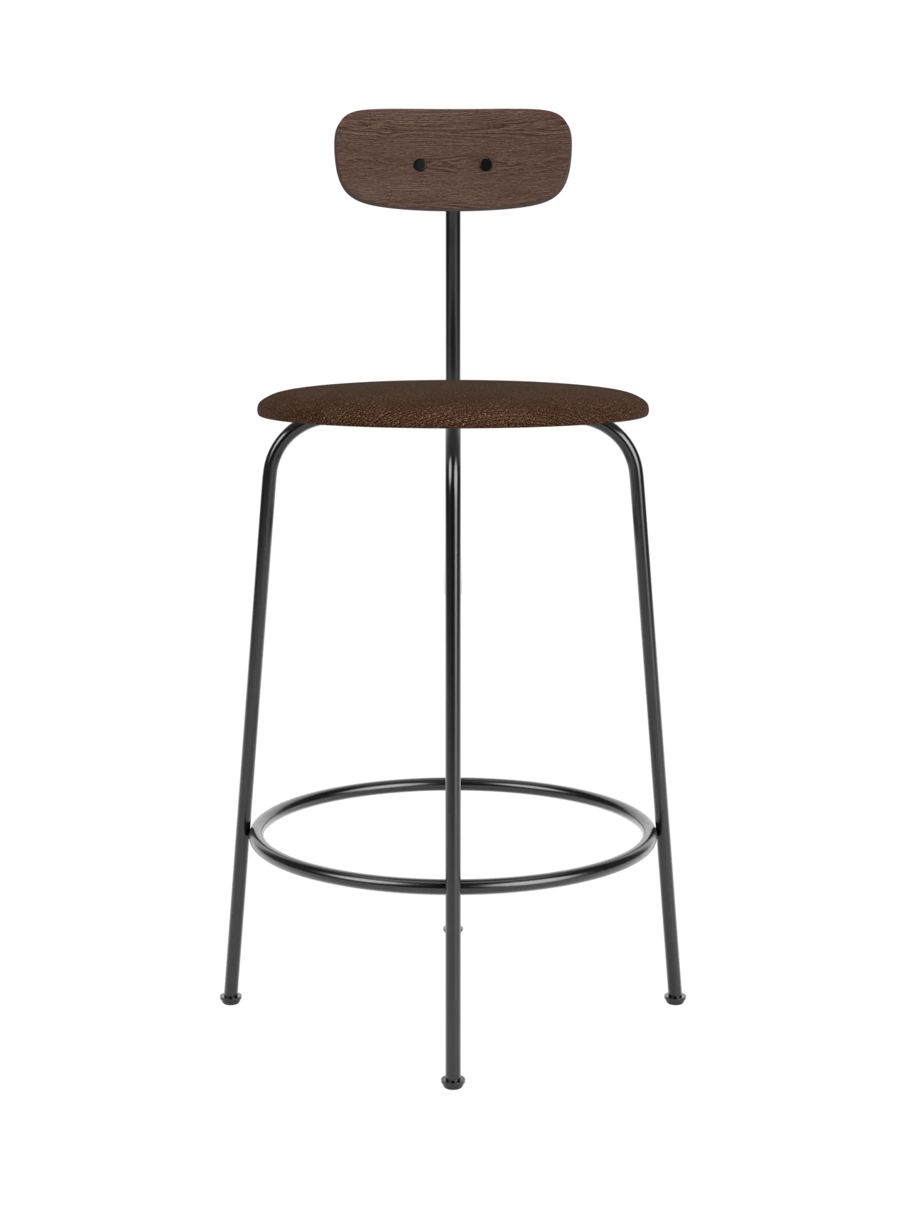 Afteroom Counter Chair with dark stained oak backrest and brown bouclé upholstered seat on a sleek black steel frame.