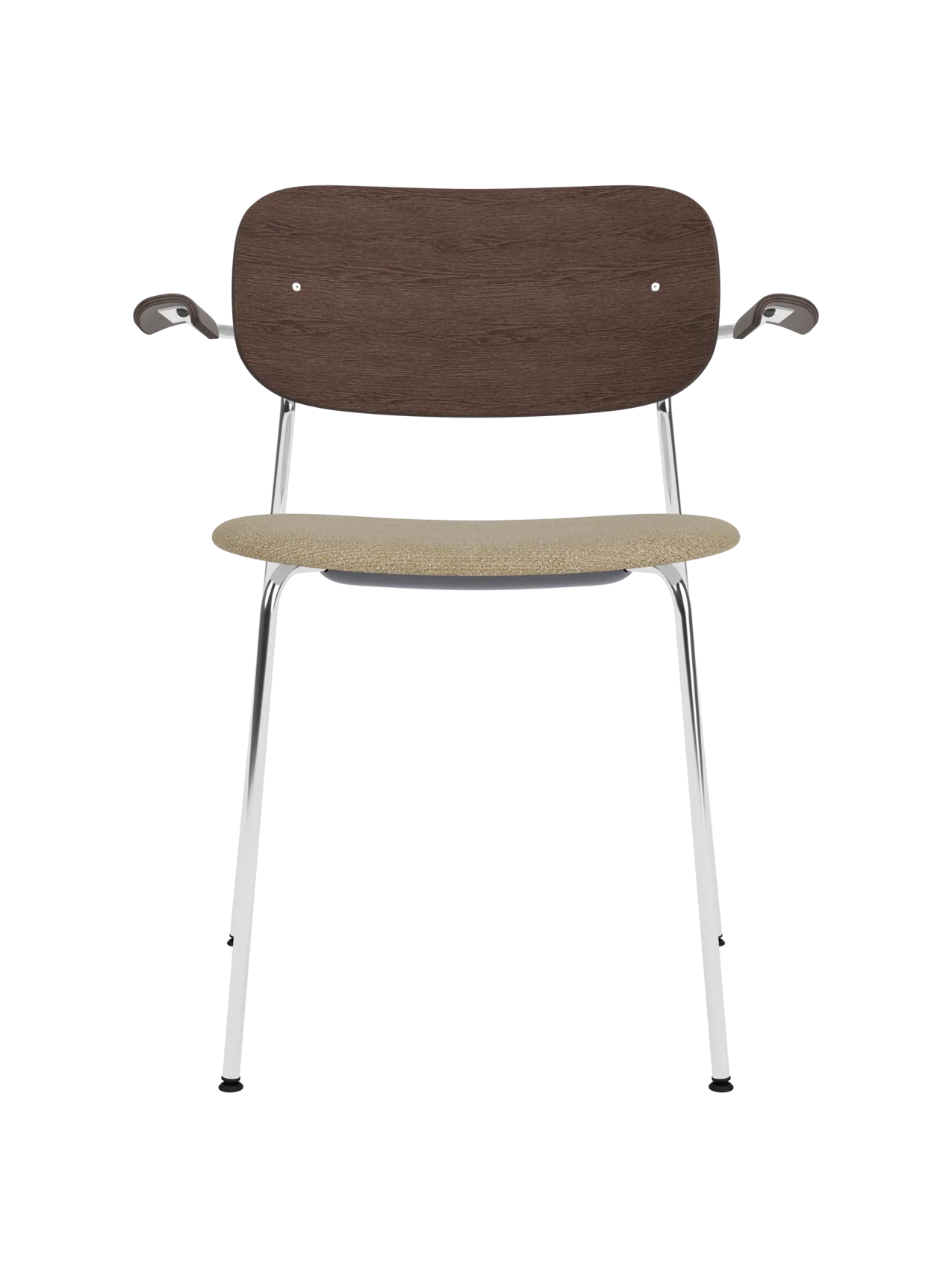 Co Dining Chair with chrome frame, curved dark stained oak backrest and beige bouclé upholstered seat with armrests.