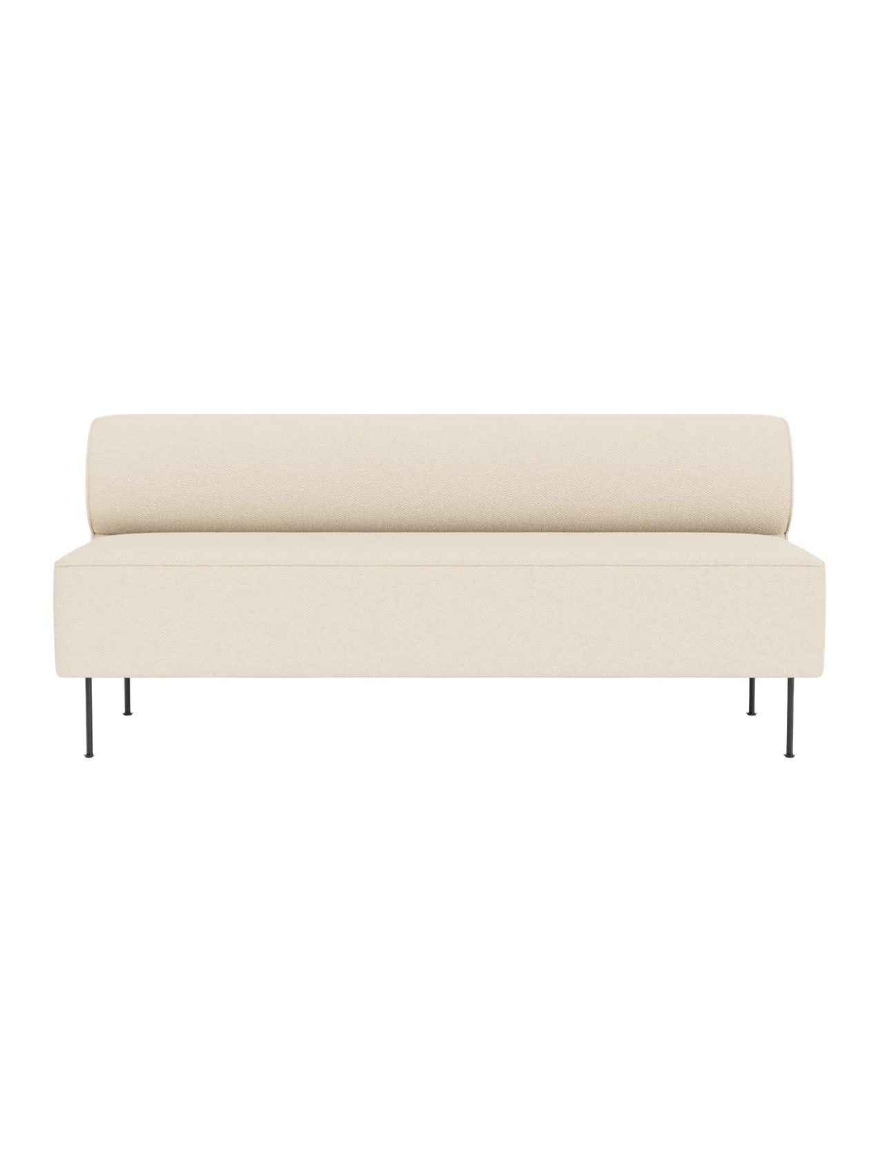 Front view of the Eave Dining Sofa in light cream Logan Jasmine fabric, showing its minimalist design and slender metal legs.