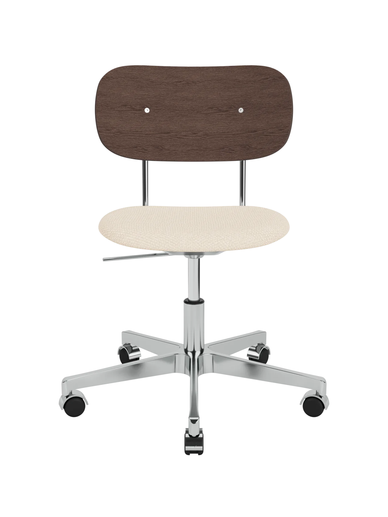 Co Task Chair featuring a dark stained oak backrest, Logan Jasmine fabric seat and polished aluminium swivel base.