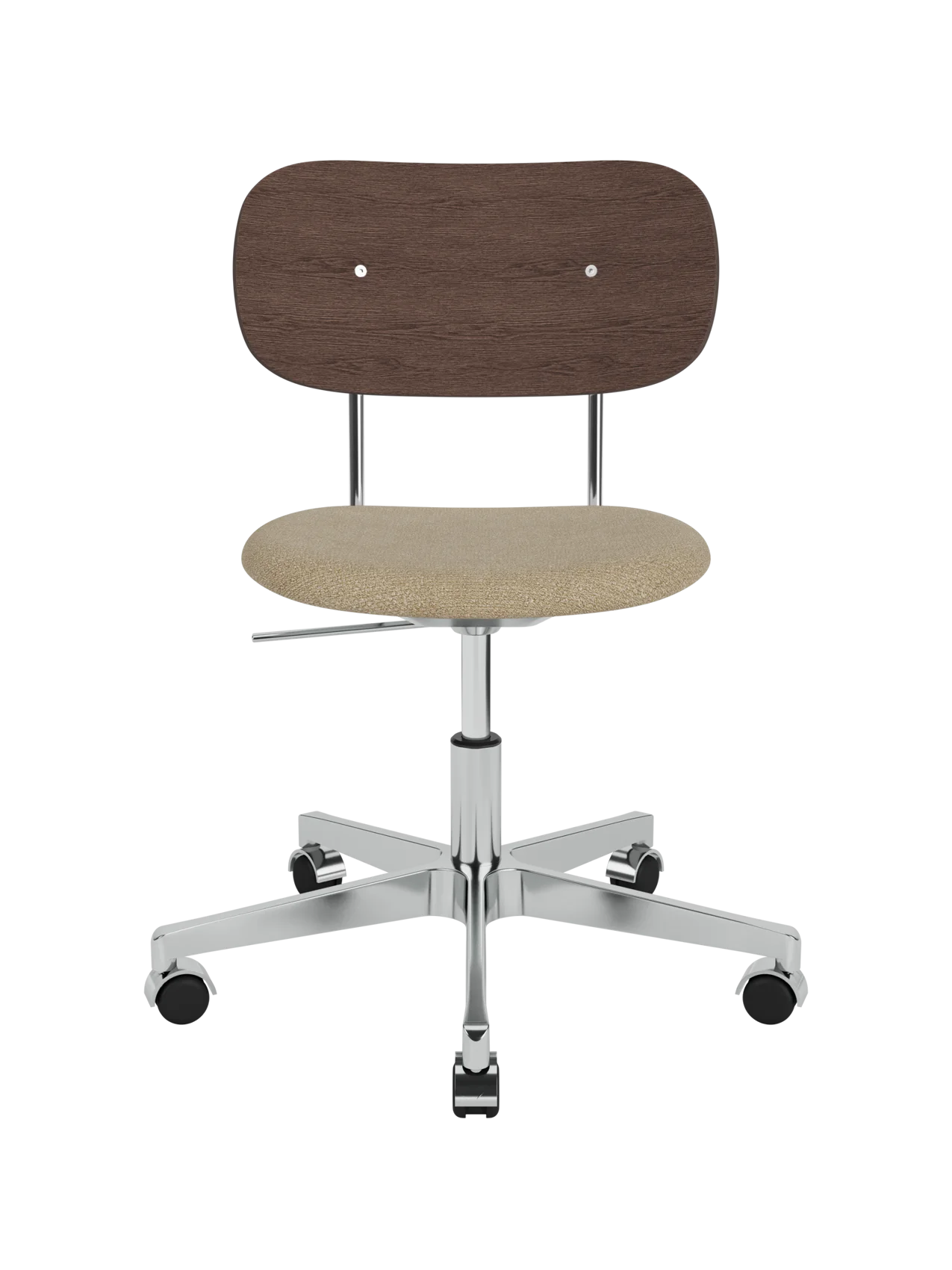 Co Task Chair featuring a beige bouclé seat, dark stained oak backrest and polished aluminium swivel base with castors.