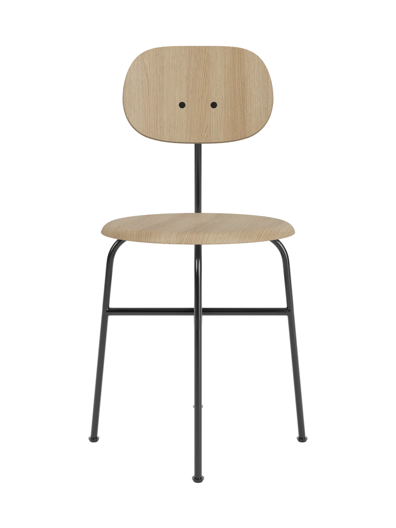 Front view of the Afteroom Dining Chair Plus with a natural oak veneer seat and backrest on a slim, black steel frame.
