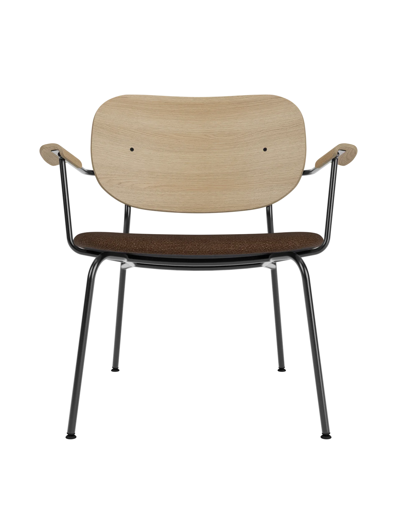 Co Lounge Chair with natural oak backrest and brown bouclé upholstered seat on a slim black powder-coated steel frame.