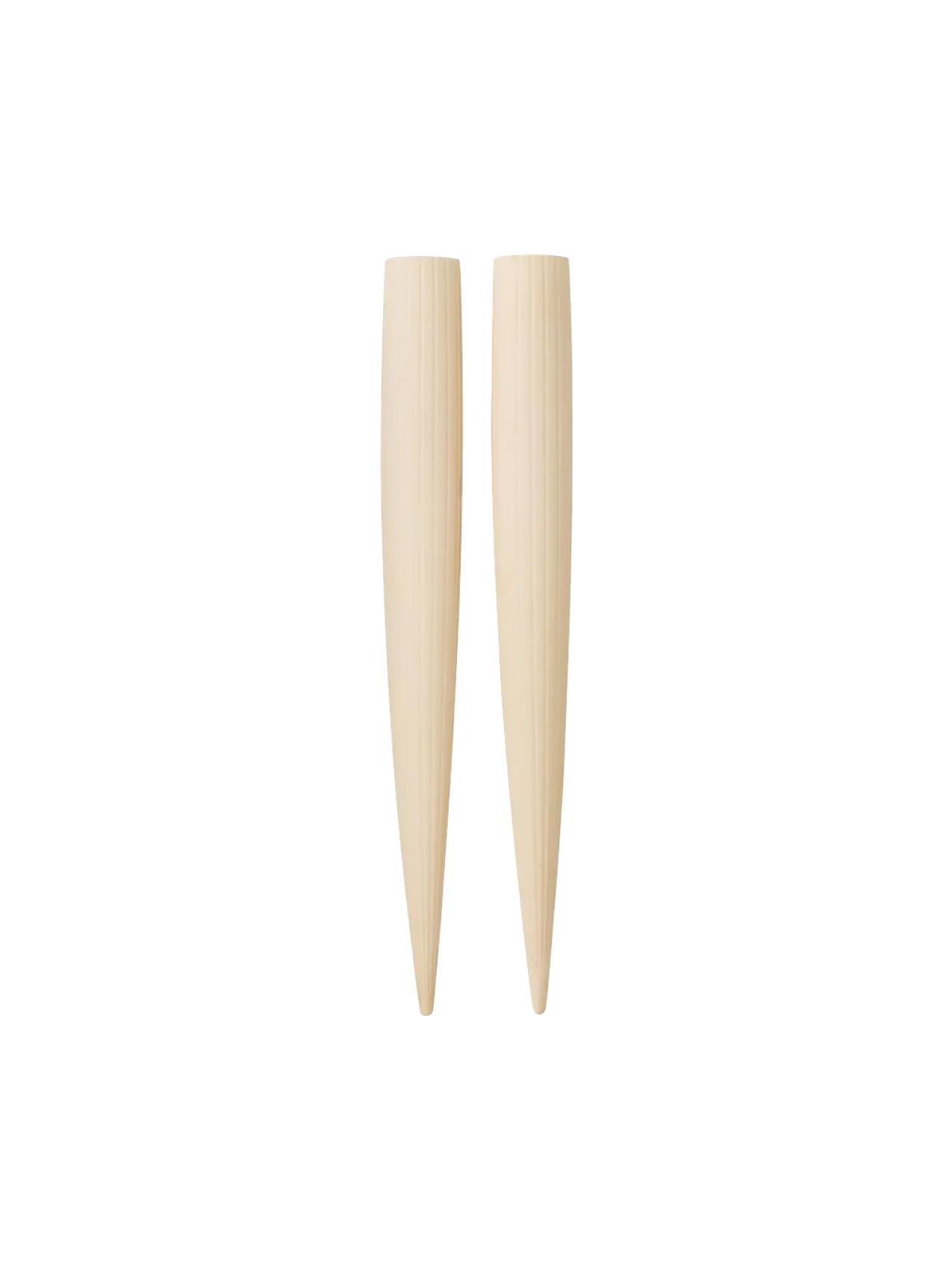 A pair of cream-coloured Hydrous Watering Sticks with a ridged texture, tapering to a point, against a black background.