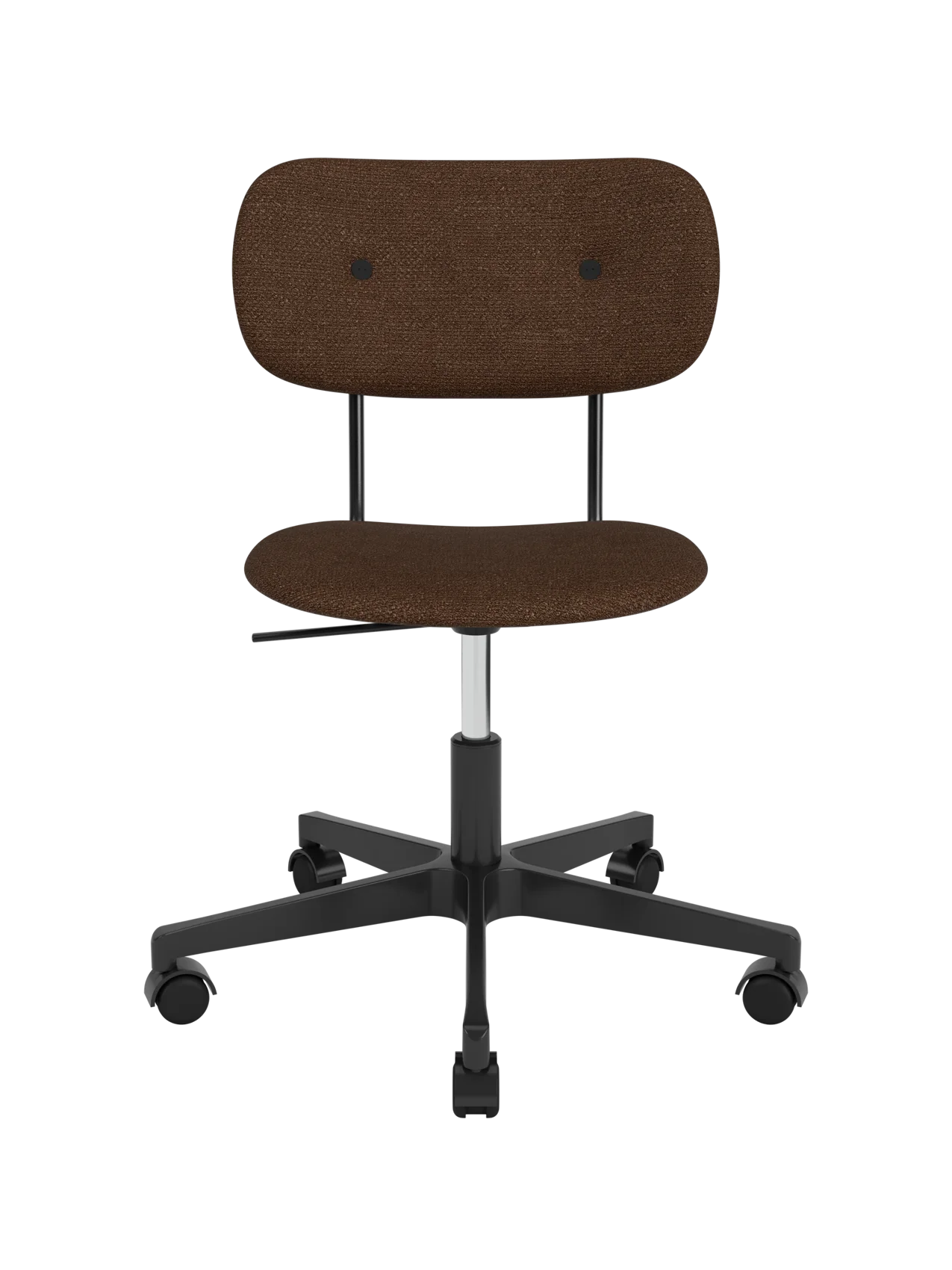 Brown boucl	 upholstered Co Task Chair with a black five-star swivel base and casters on a white background.