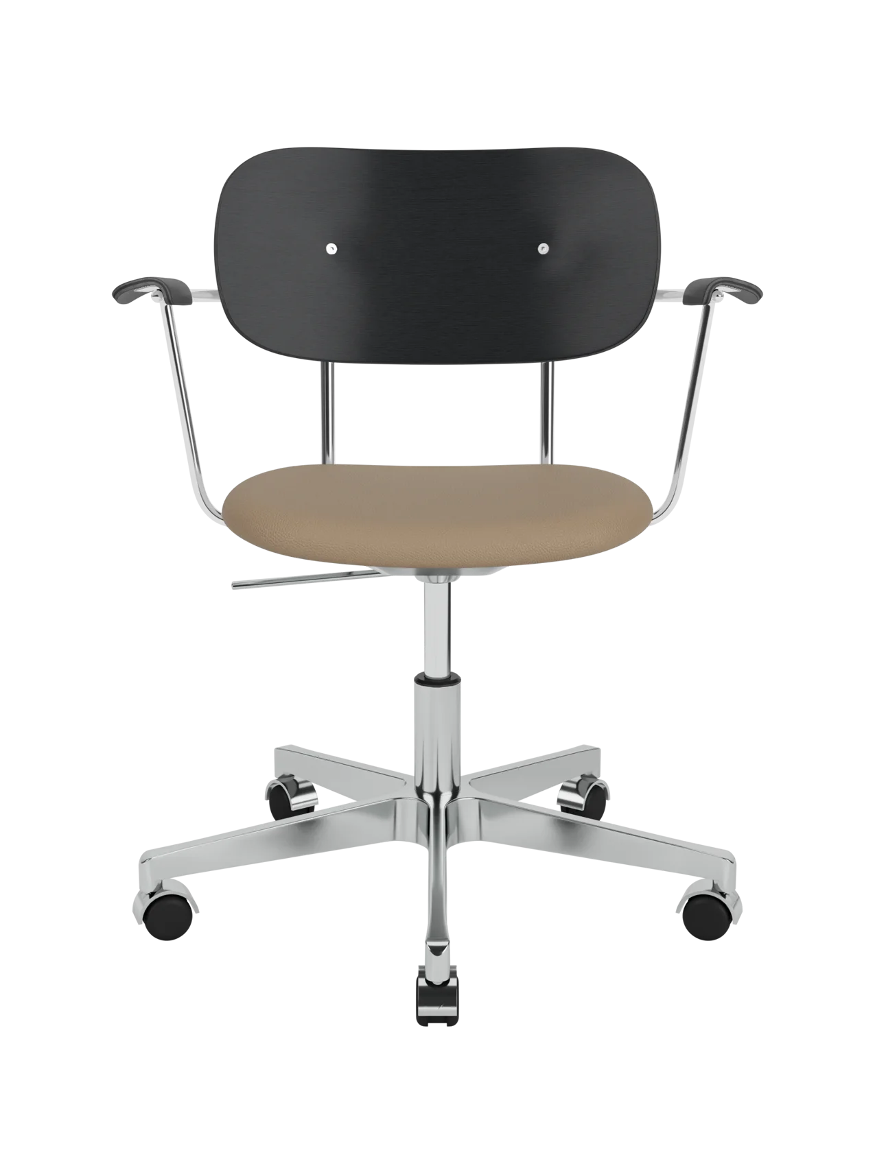 Co Task Chair with black oak backrest, tan Sierra upholstered seat and a polished aluminium base with armrests and wheels.