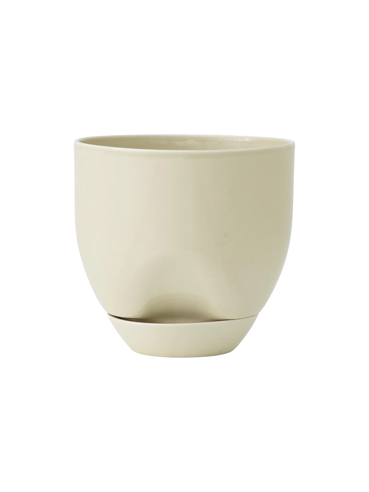 Front view of the Hydrous Planter in Ashen. The rounded, glossy planter has a subtle indent and matching saucer.