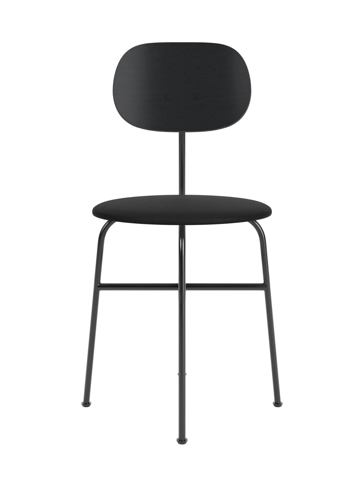 Afteroom Dining Chair Plus with a black painted oak backrest and black upholstered seat on a minimalist steel frame.