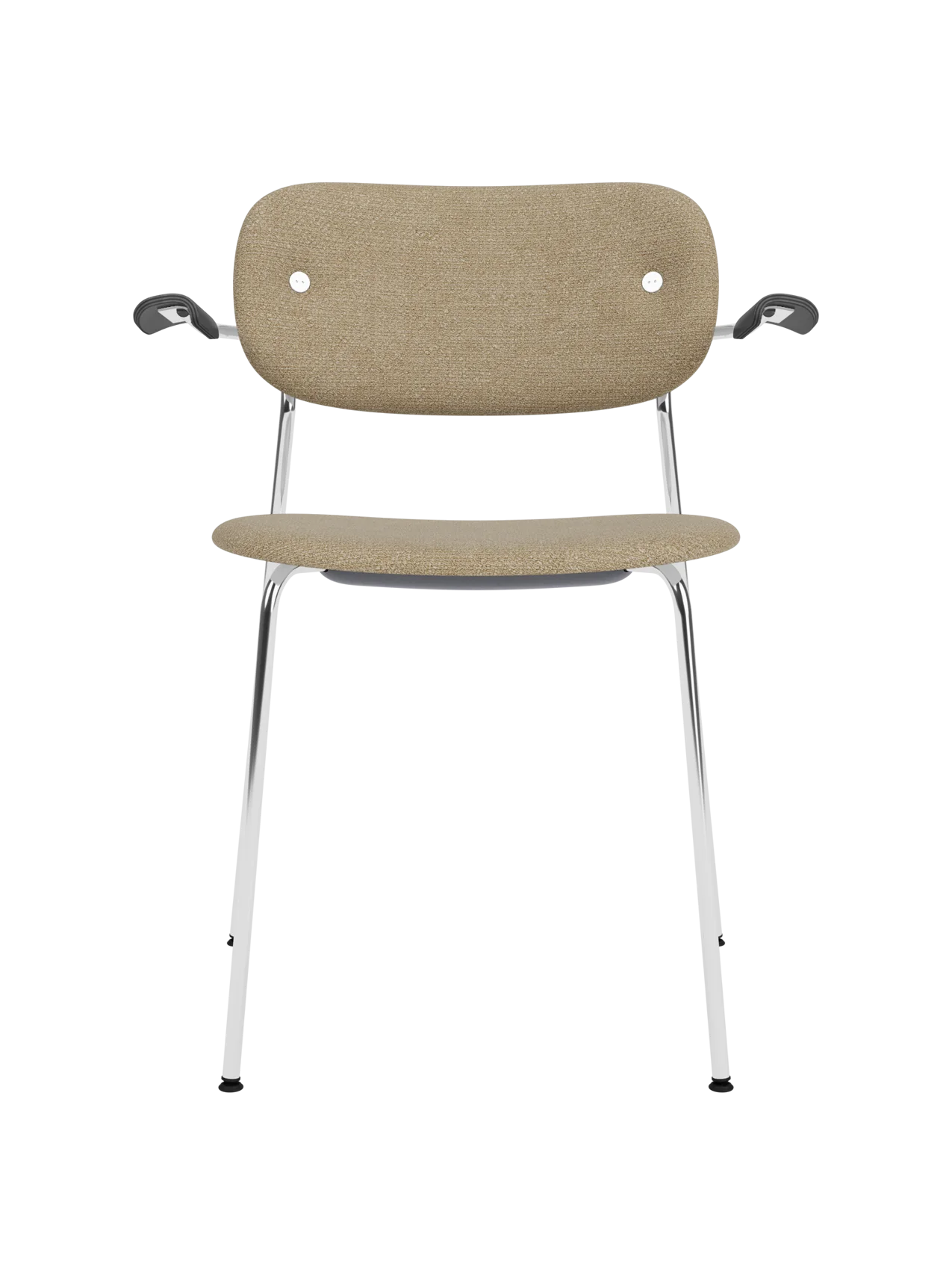 Fully upholstered Co Dining Chair with armrests, featuring beige bouclé fabric and a polished chrome frame.