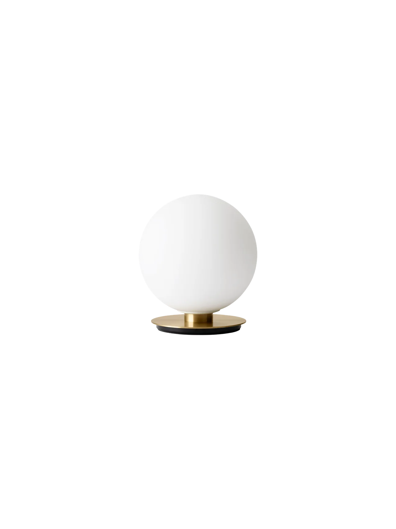 Front view of the TR Bulb, Table/Wall Lamp, featuring a spherical white opal glass bulb on a circular brass and black base.