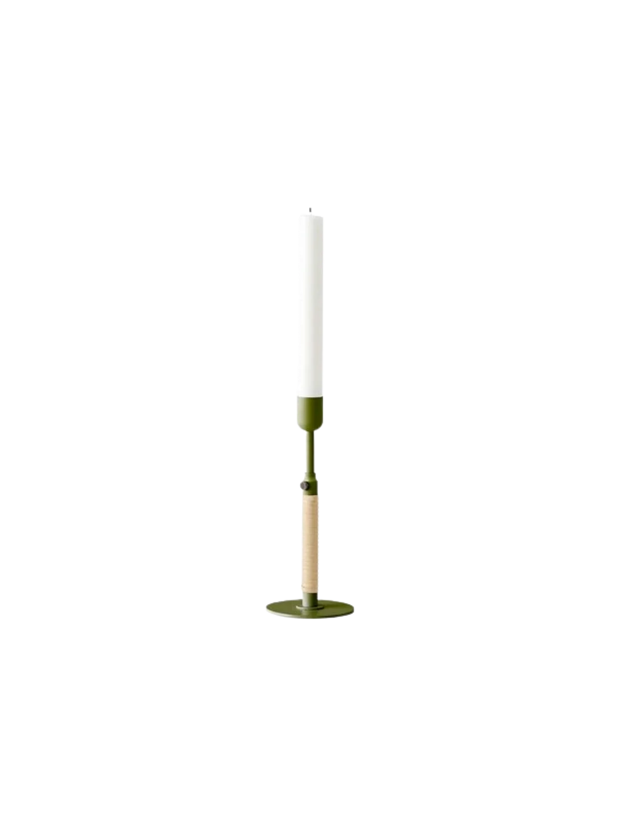 The tall, slender Duca Candle Holder in olive green with a rattan handle, holding a white candle on a black background.