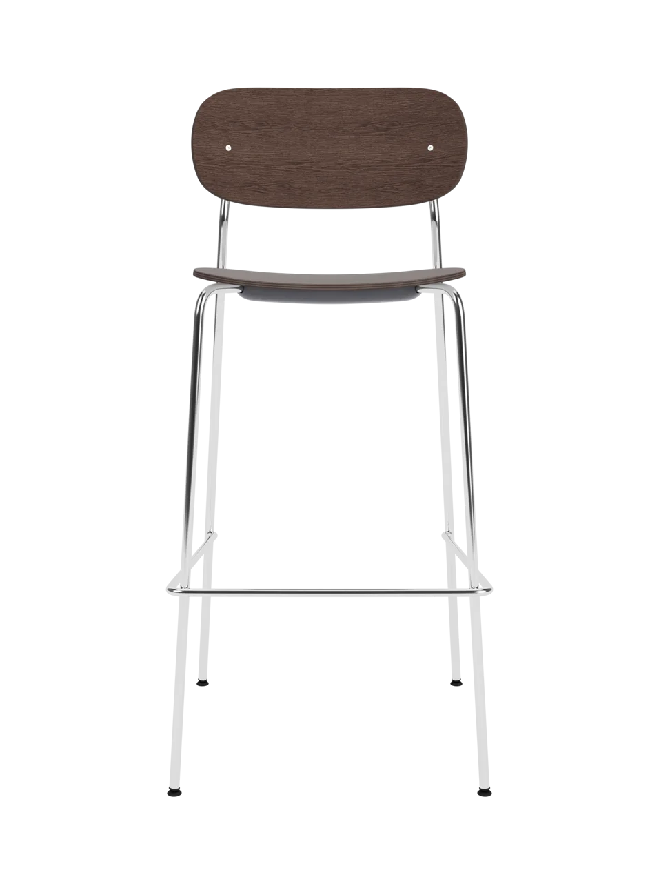 Co Bar Chair in dark stained oak veneer with a chrome frame, viewed from the front against a black background.