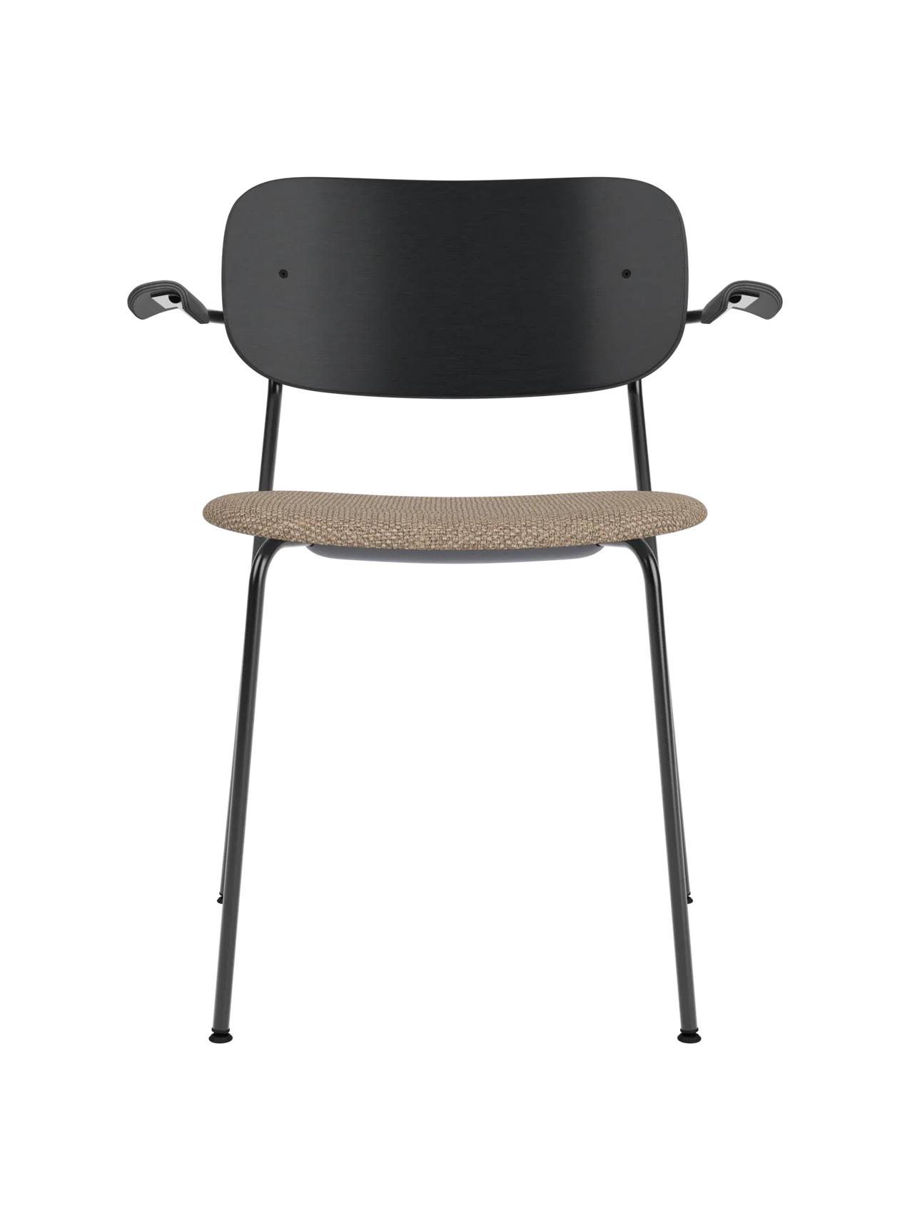 Co Dining Chair with armrests, black painted oak backrest and a textured Logan Flint upholstered seat on a black frame.