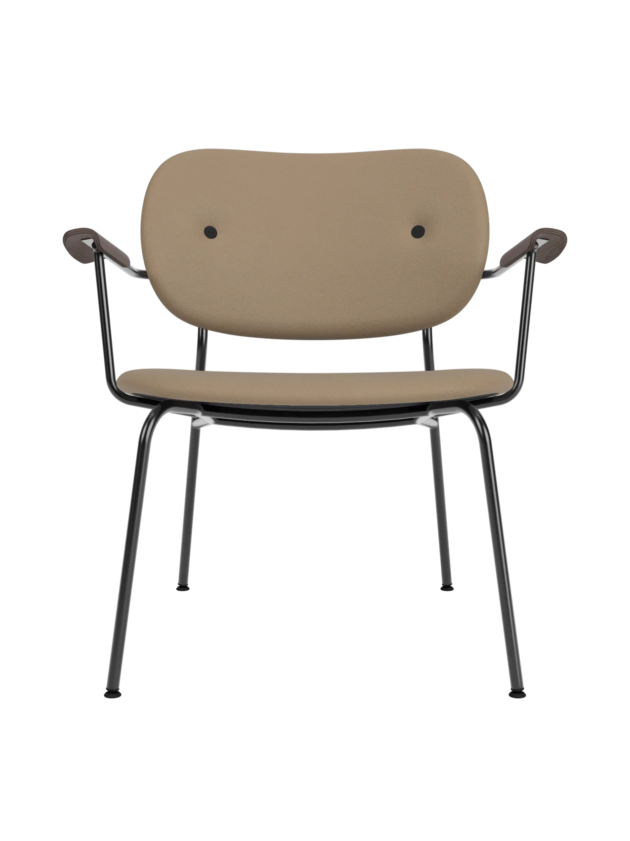 Co Lounge Chair upholstered in tan Sierra leather, featuring dark stained oak armrests and a black steel frame.