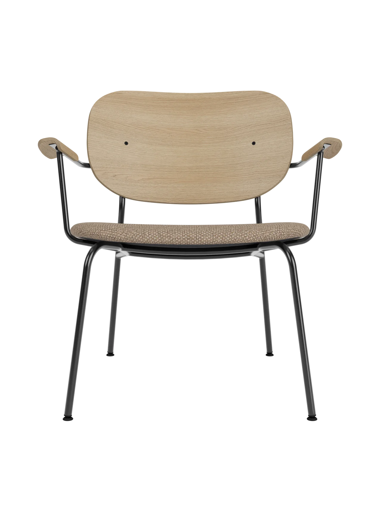 Co Lounge Chair featuring a natural oak backrest and Logan Flint upholstery on a minimalist black steel frame.