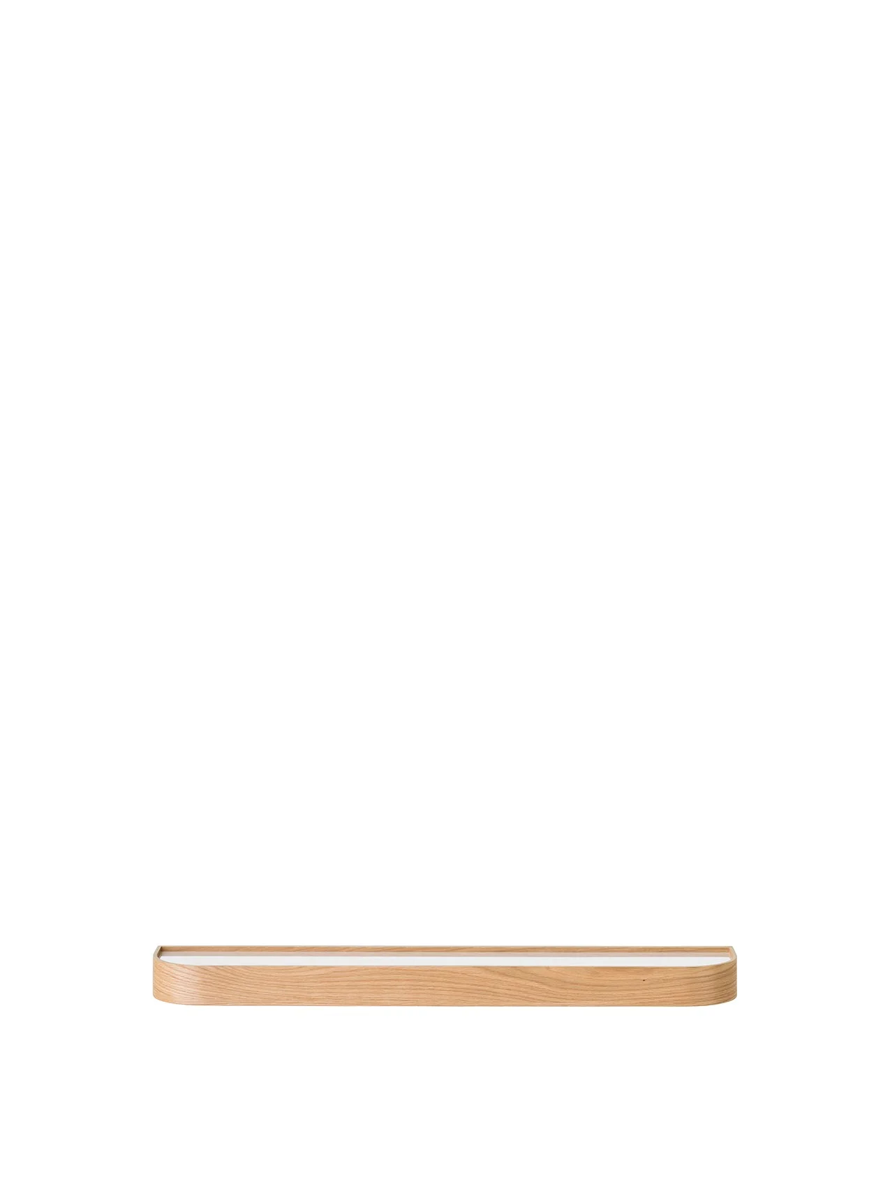 The Ray Wall Lamp in natural oak, front view. A long wooden frame with rounded ends and a white diffuser.