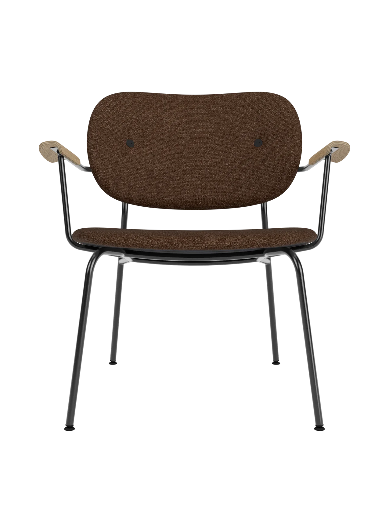 Co Lounge Chair in brown bouclé upholstery with natural oak armrests and a black steel frame, on a white background.