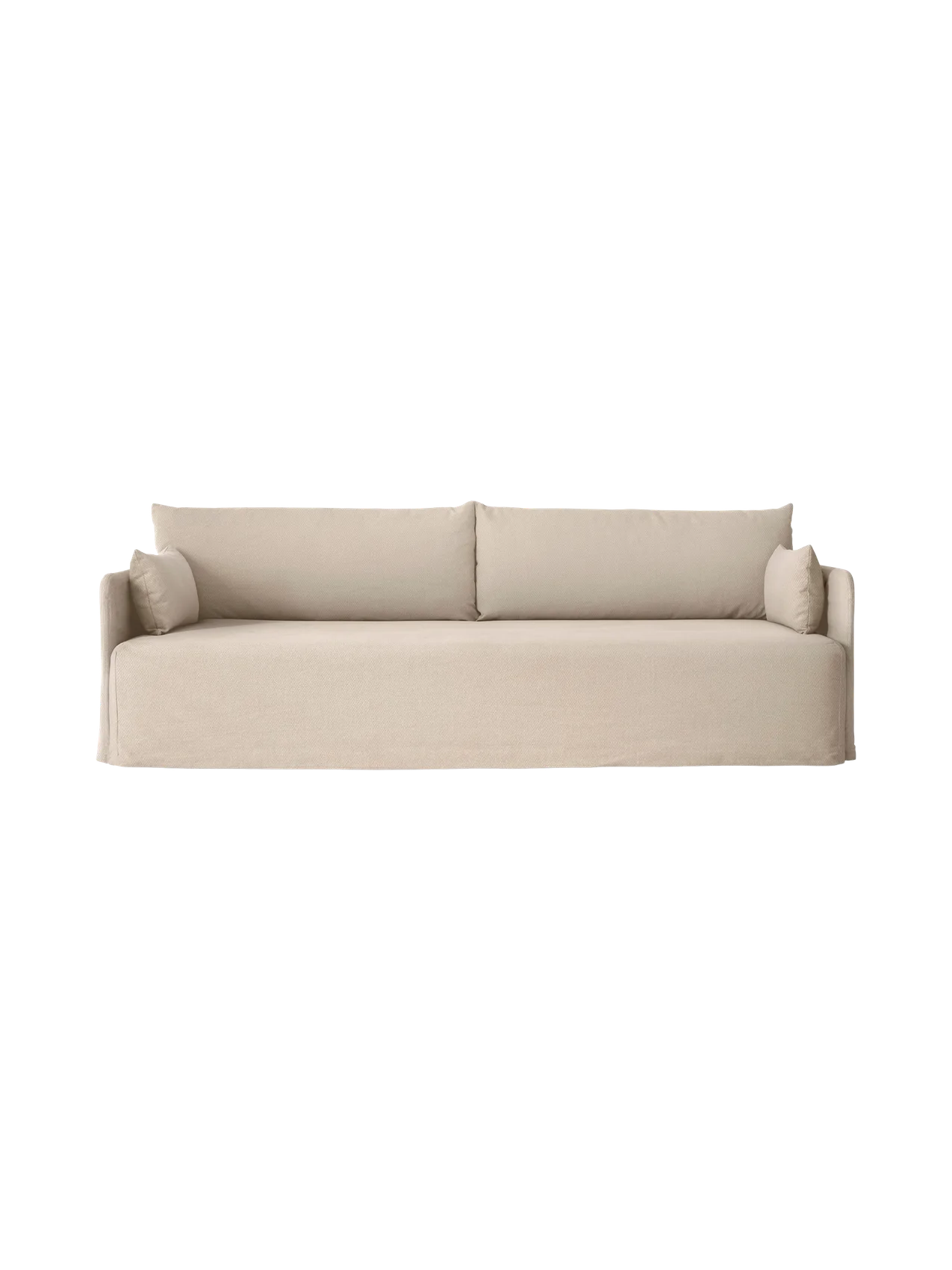 Front view of the Offset 3-Seater Sofa with Loose Cover in sand, with two large back and two smaller side cushions.