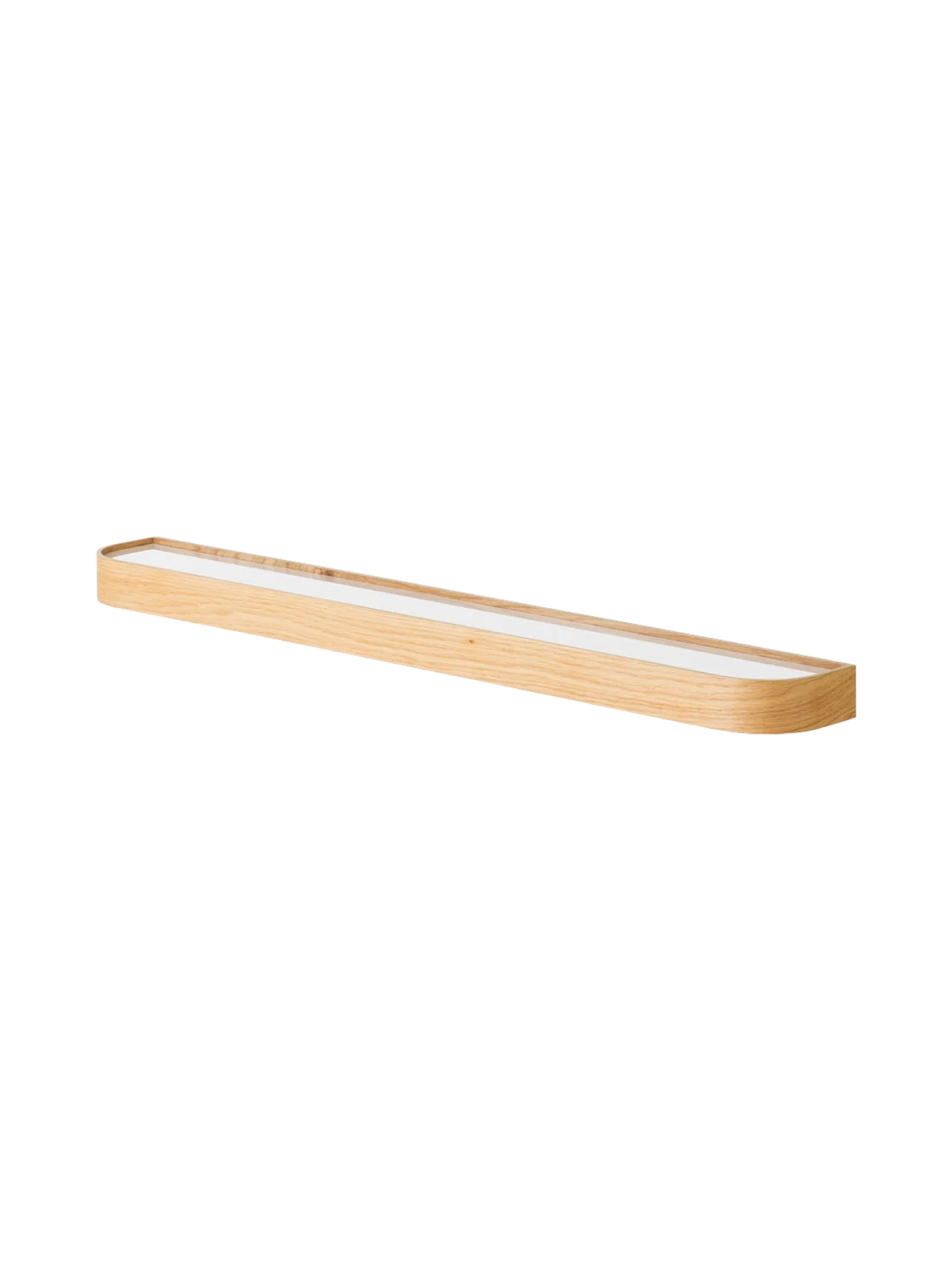 Angled view of the Ray Wall Lamp in natural oak. Long, slim lamp with minimalist design, light wood frame and diffuser.