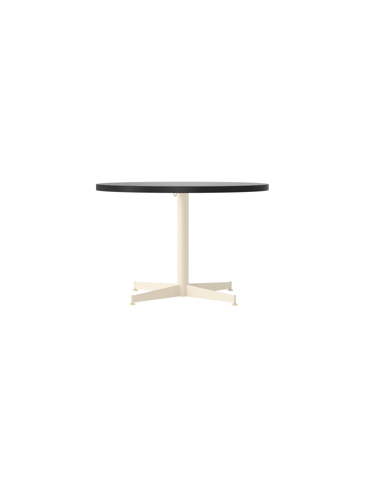 Front view of the Nook Lounge Table, featuring a round charcoal linoleum tabletop on a slender ivory stem and four-star base.