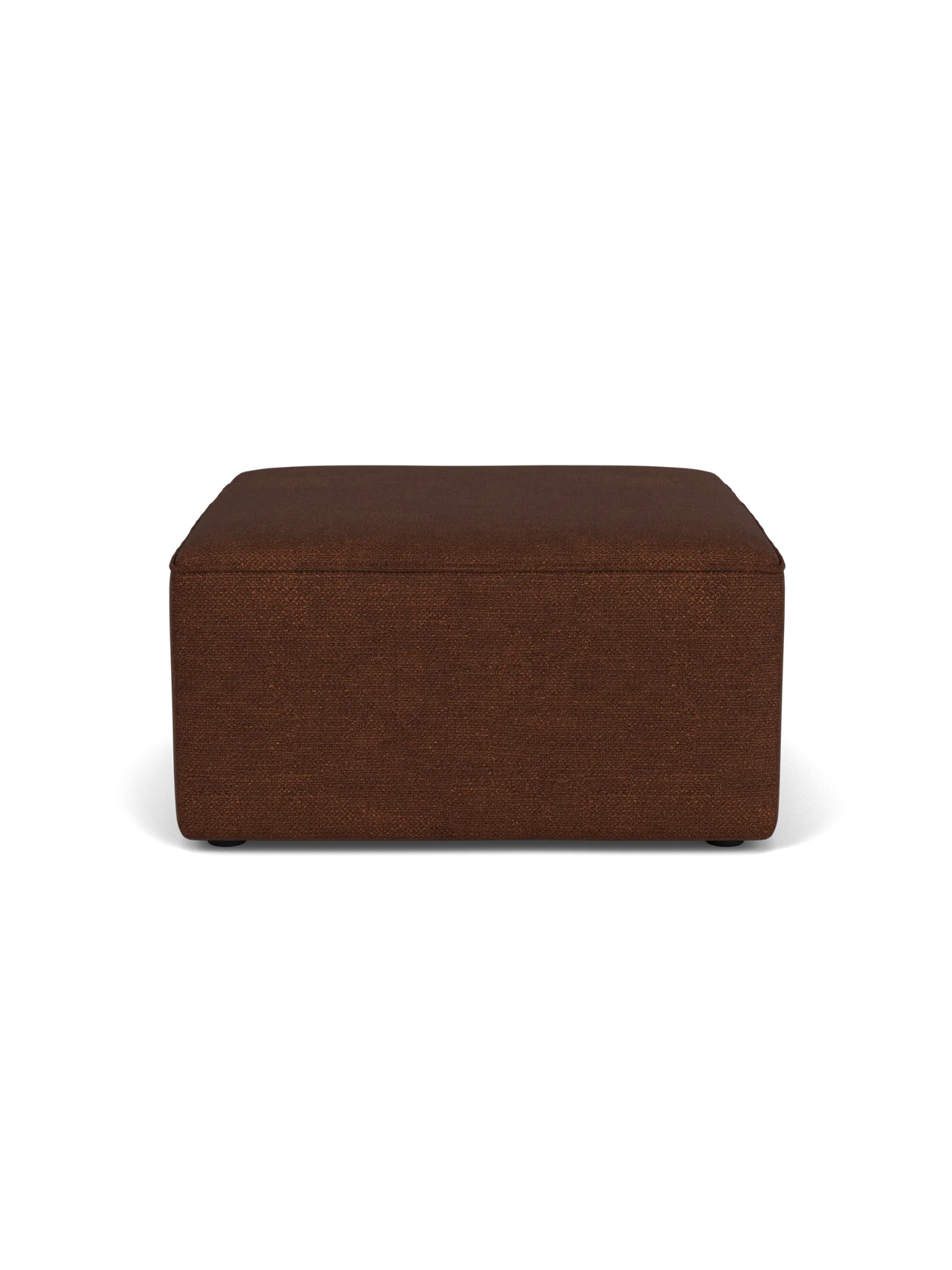 A side view of the Eave Modular Pouf, 75, upholstered in a textured brown Audo Bouclé 08 fabric against a black background.