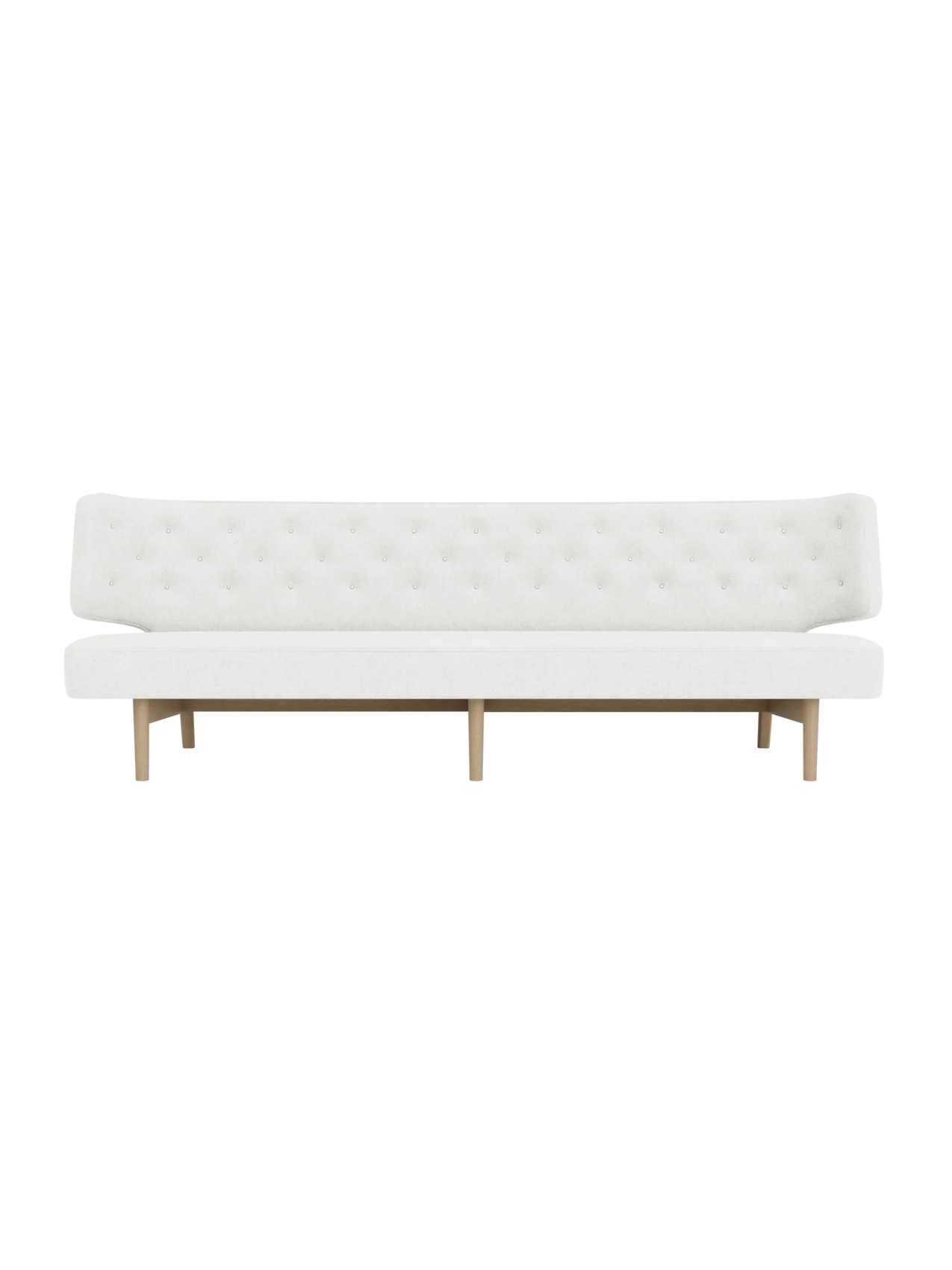 Front view of the Radiohus Sofa P3 in off-white Hallingdal 110 upholstery with a button-tufted back and natural oak legs.