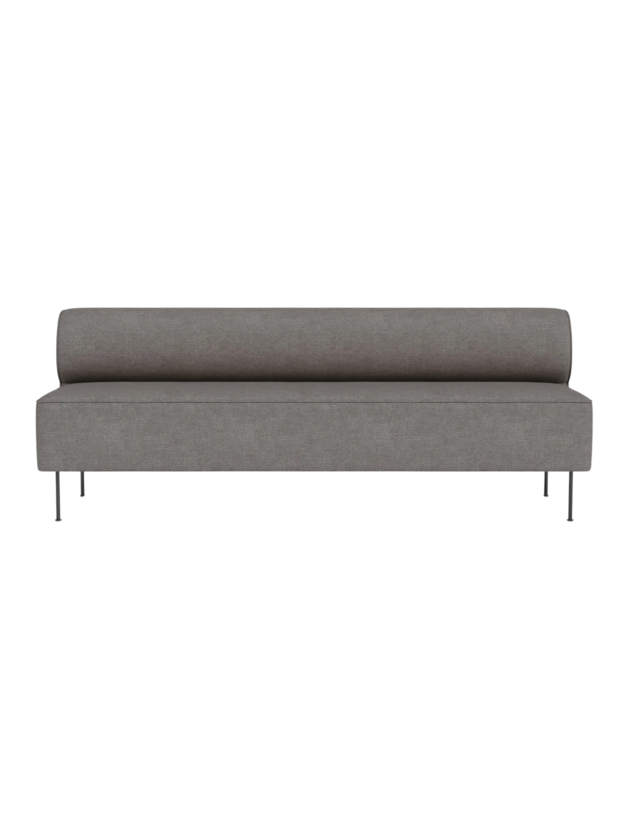 A front view of the Eave Dining Sofa, open section module, in a textured grey Audo Bouclé 16 fabric on slim metal legs.