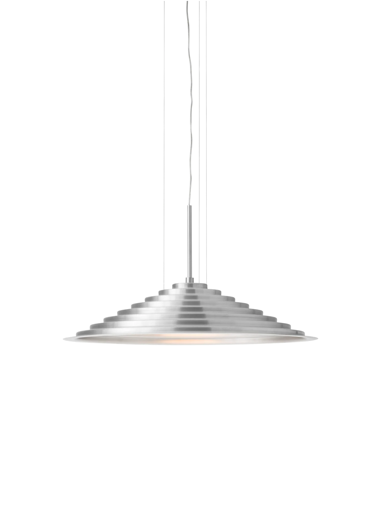 A front-on view of the brushed aluminium Chancery Pendant Lamp, showing its wide, stepped silhouette and soft, glowing light.