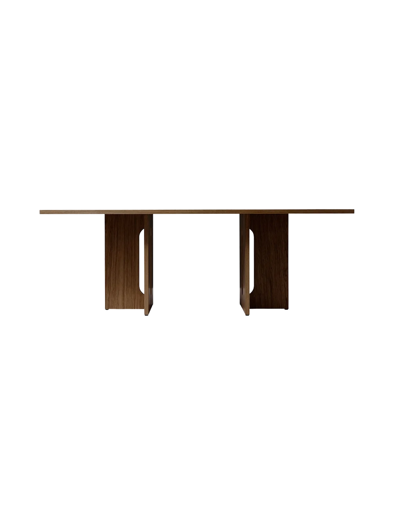 Front view of the Androgyne Rectangular Dining Table in dark stained oak, showing its wide, sculptural legs and long top.