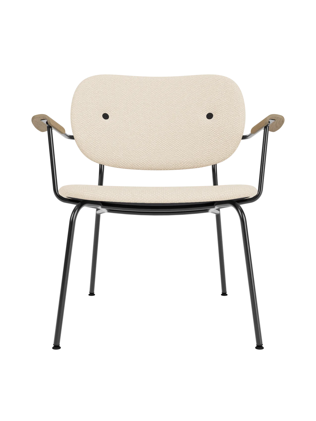 Fully upholstered Co Lounge Chair in Logan Jasmine fabric with natural oak armrests and a slender black steel frame.