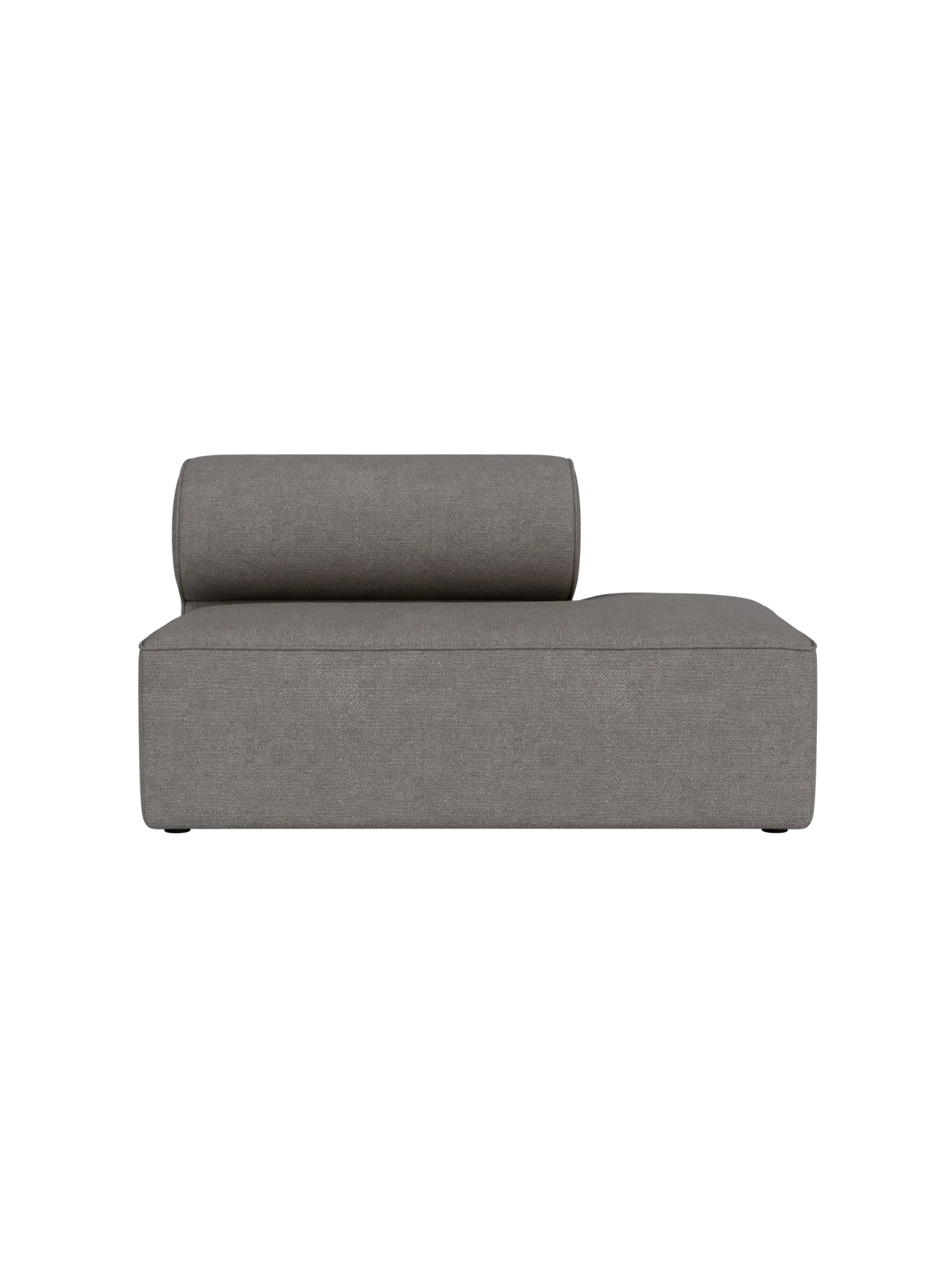 Slightly elevated front view of the Eave Modular Sofa, 86, Open End module in textured, grey-brown Audo Bouclé 16 fabric.