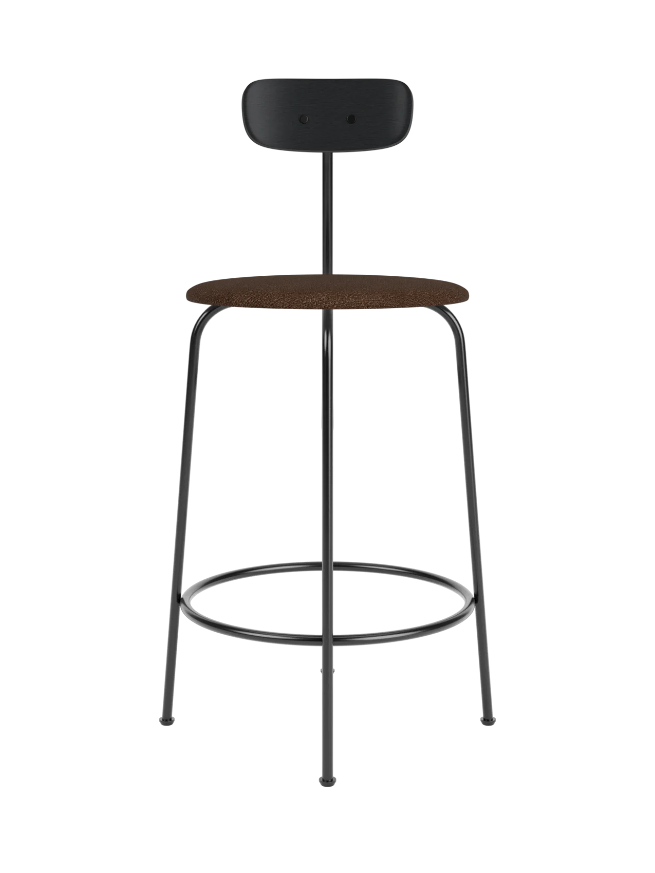 Afteroom Counter Chair featuring a black painted oak backrest and brown bouclé upholstered seat on black steel legs.