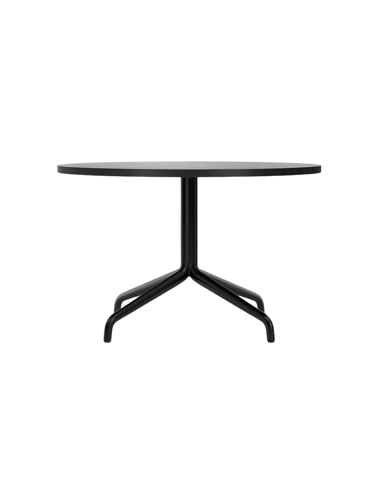 Harbour Column Lounge Table with a round black oak top and a black star-shaped base against a black background.