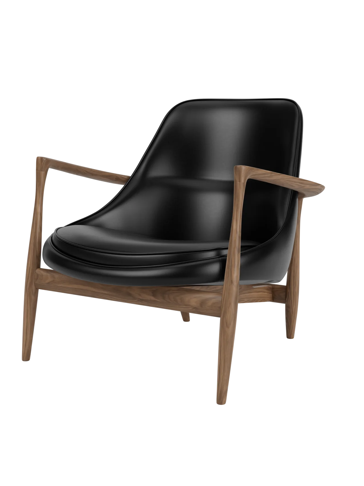 Elizabeth Lounge Chair in oiled walnut and black leather, featuring iconic sculpted armrests and a low-slung profile.