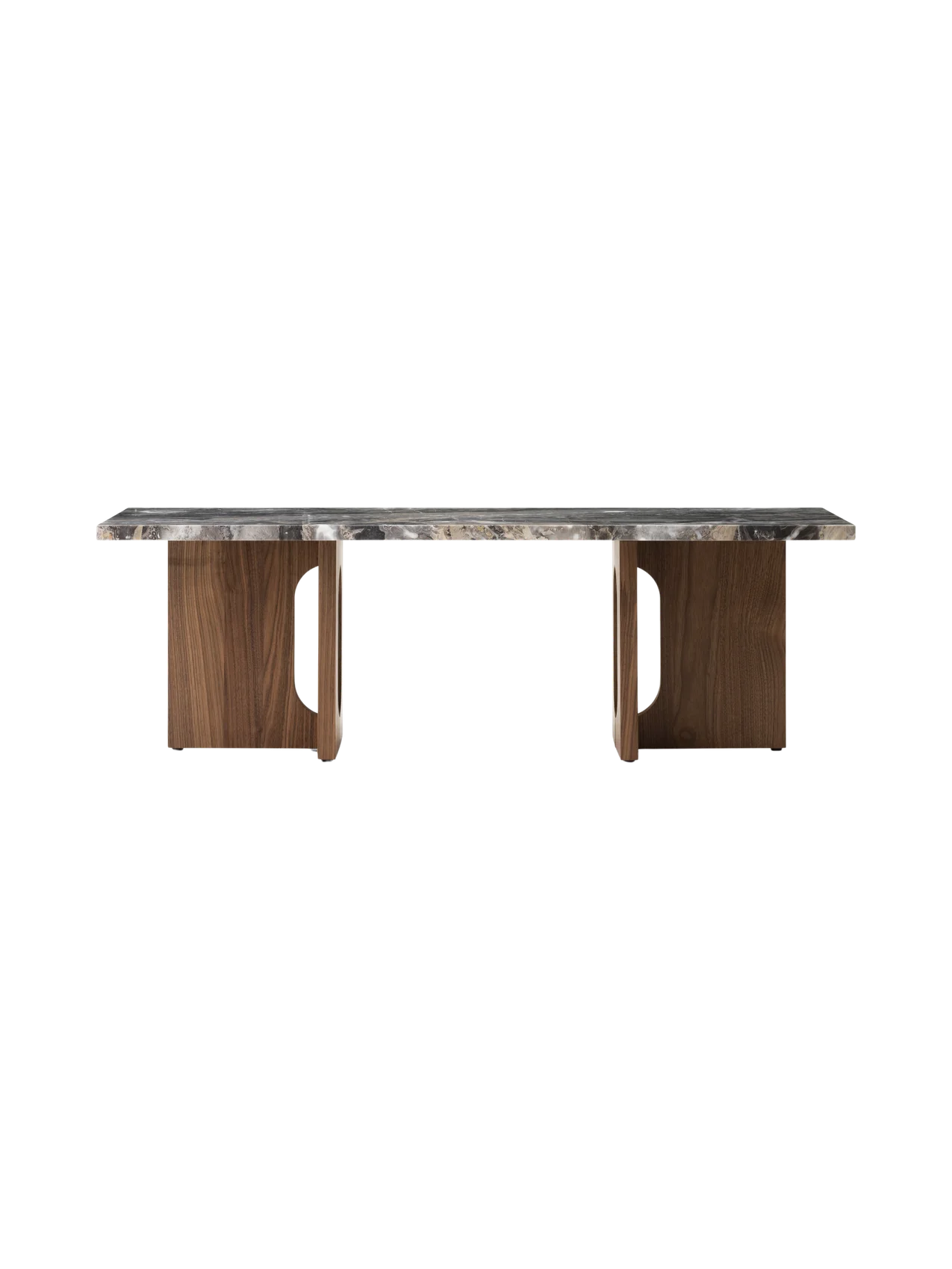 Front view of the Androgyne Lounge Table with a Grey Galaxy marble top and a dark walnut wood base on a black background.