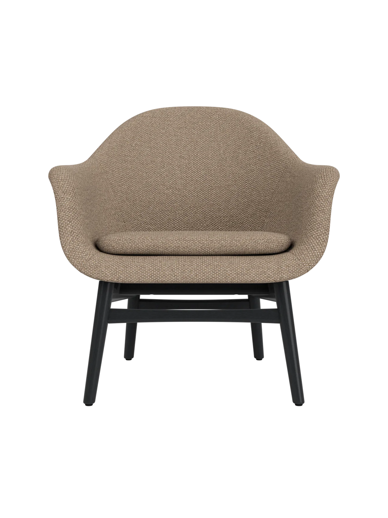 Harbour Lounge Chair featuring Logan Flint textured upholstery and a black painted oak base with a curved shell.